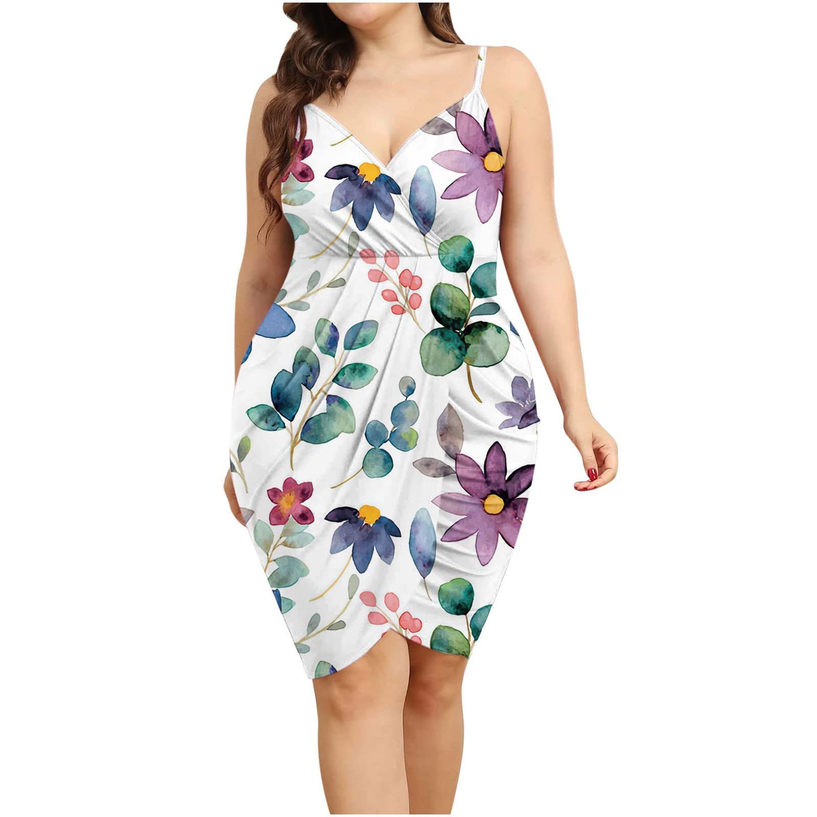 MOBCTG Women's Plus Size Floral Print V-Neck Cross Strap Summer Dress for Wedding Guest, Party, Cocktail & Special Occasions