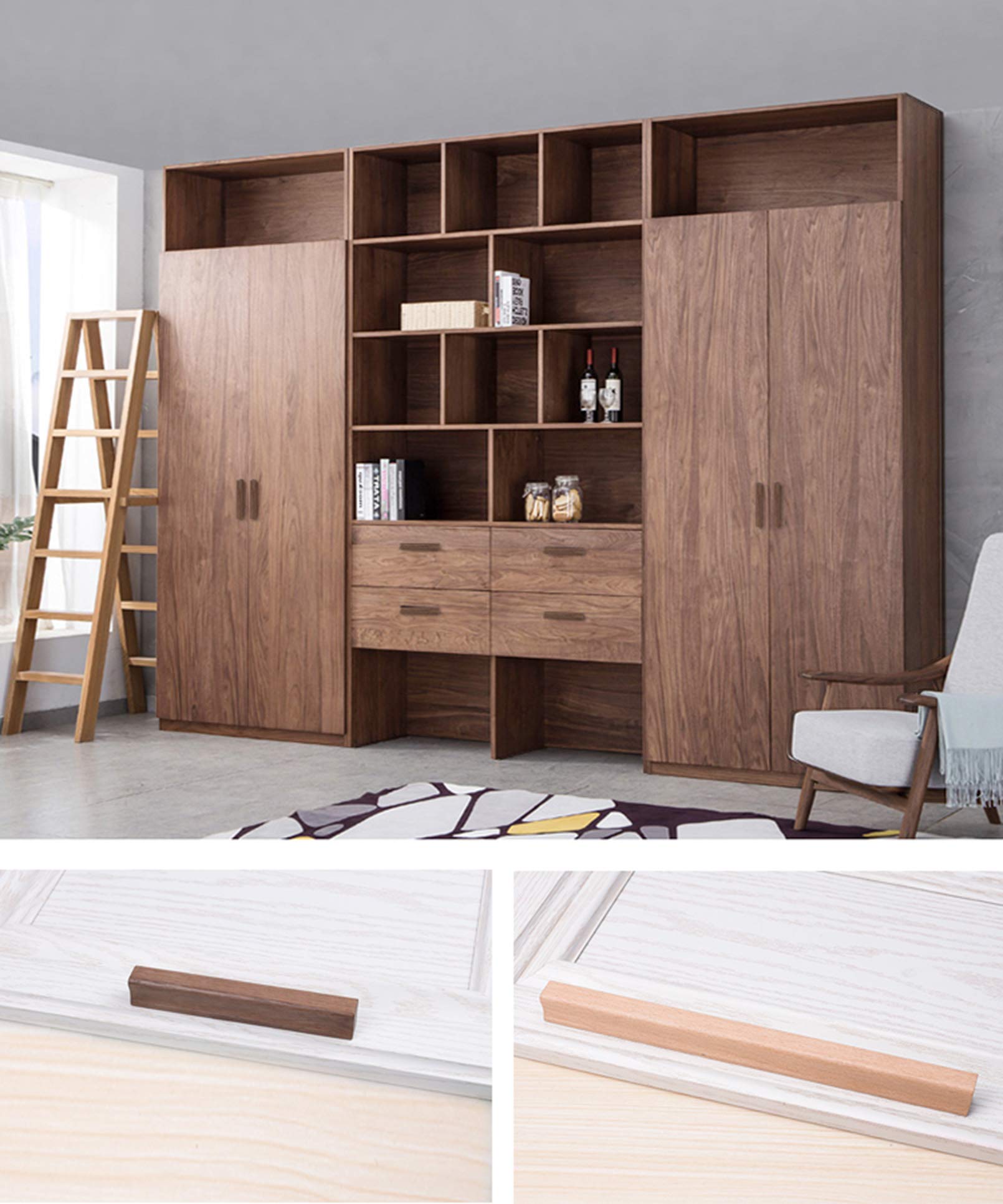 Solid Wood Cabinet Handles - Multi-Size Black Walnut Drawer Pulls (320mm Center) with Screws - Durable Kitchen Cupboard, Closet, Dresser & Wardrobe Hardware for Home Furniture Upgrade