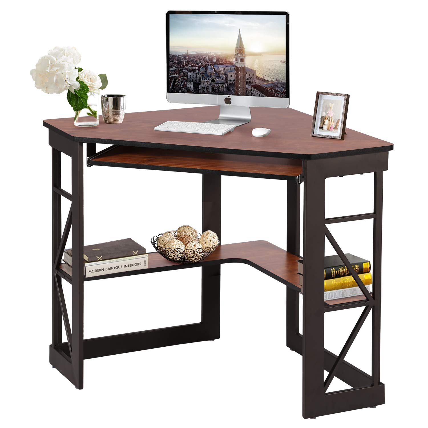 VECELO 41 x 30 Inches Corner Computer Desk with Keyboard Tray & Storage Shelves - Home Office Workstation in Teakwood Brown | Space-Saving Small Office Furniture for Bedroom, Study Room or Dorm