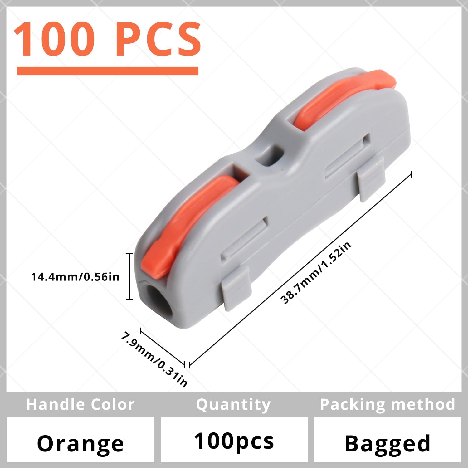 1 Conductor Circuit Inline Wire Connectors - Push-in Terminal Block Electrical Connectors (100 Pcs, Gray with Orange Handle) for Home Wiring, Automotive Electrical Systems & DIY Electronics Projects