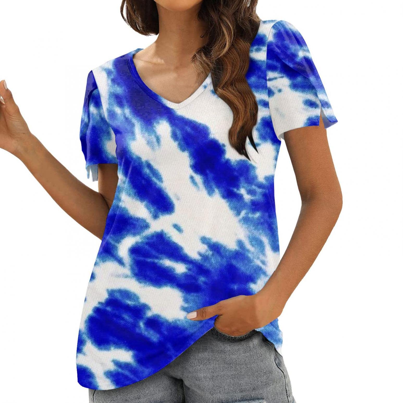 Women's Summer Casual V-Neck T-Shirts with Petal Sleeves - Loose Fit Tunic Blouse for Beach, Vacation & Everyday Wear
