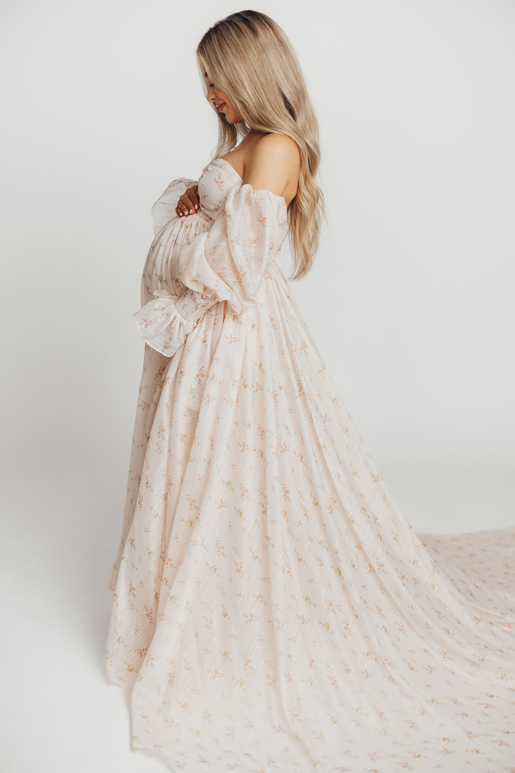 Delilah Maxi Dress with Train in Peach - Bump Friendly Maternity Dress (XS-3XL) for Weddings, Parties & Special Occasions
