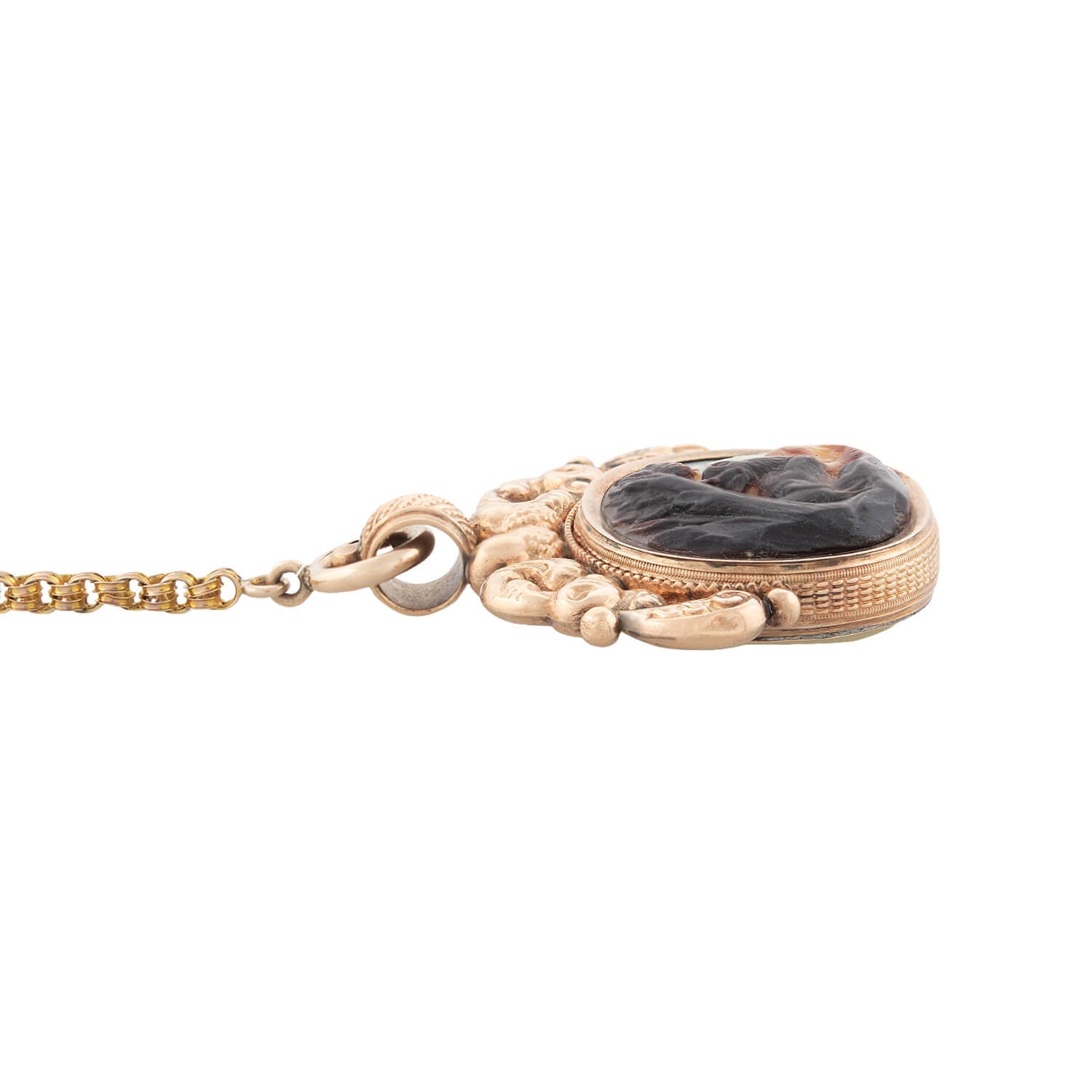 Antique Early Victorian 14K Gold Carved Mother of Pearl Spinner Fob Necklace with Chain - Elegant Vintage Jewelry for Weddings, Parties & Special Occasions