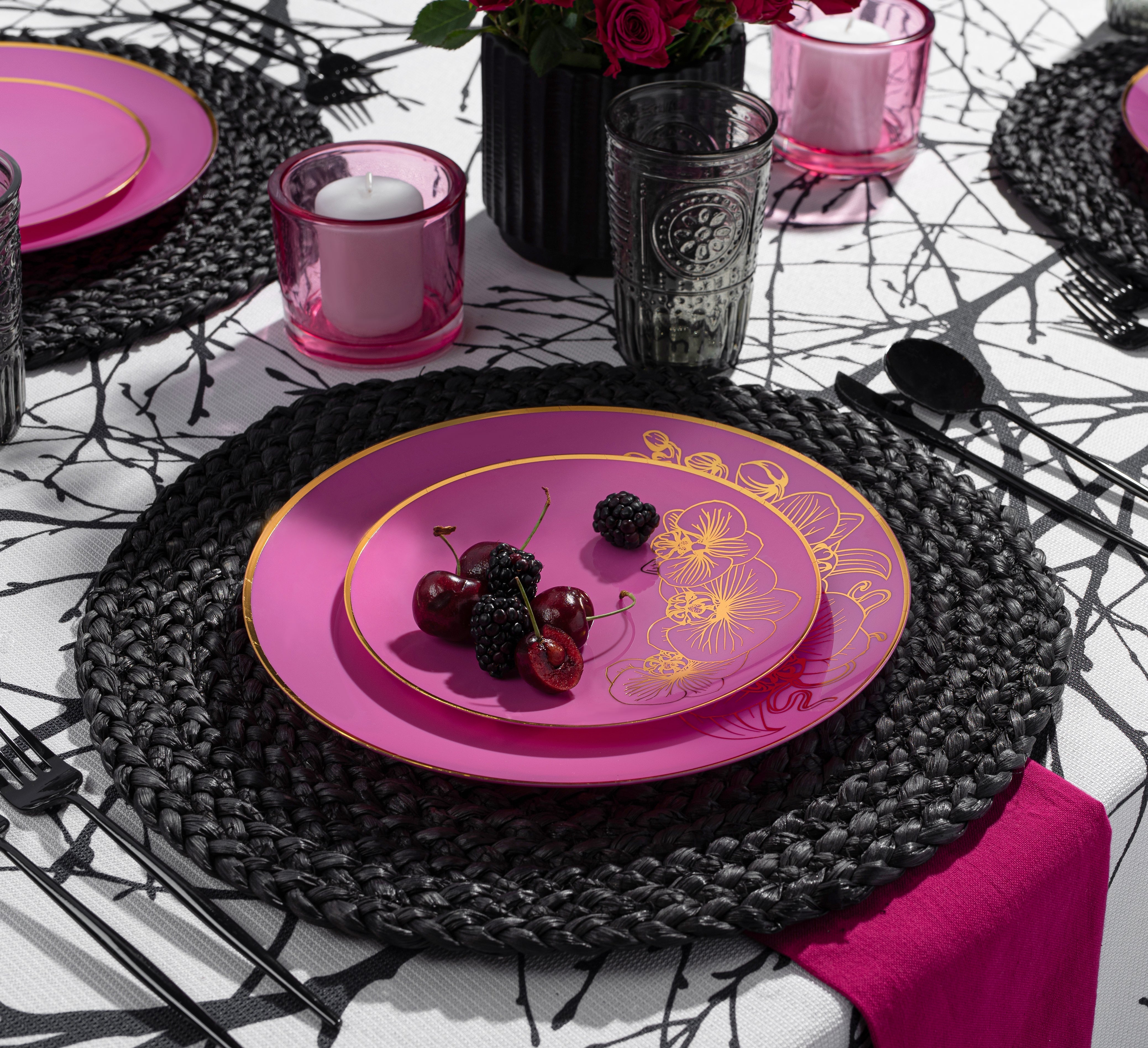 Fuchsia and Gold Round Plastic Plates for Parties, Weddings & Events - Elegant Disposable Dinnerware for Orchid Themed Celebrations