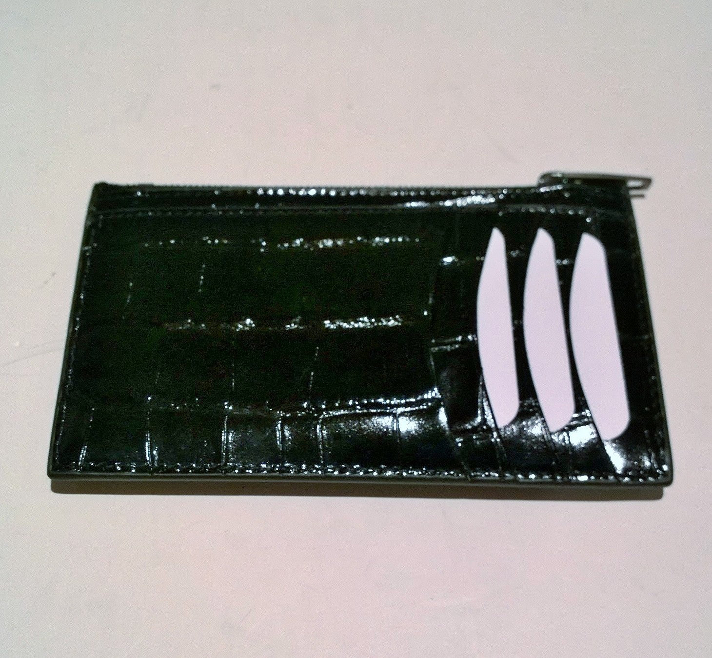 Balenciaga Black Patent Leather Card Holder with B Logo & Crocodile Embossed Design - Slim Wallet for Credit Cards, Cash & Coins | Perfect for Everyday Use, Travel & Business