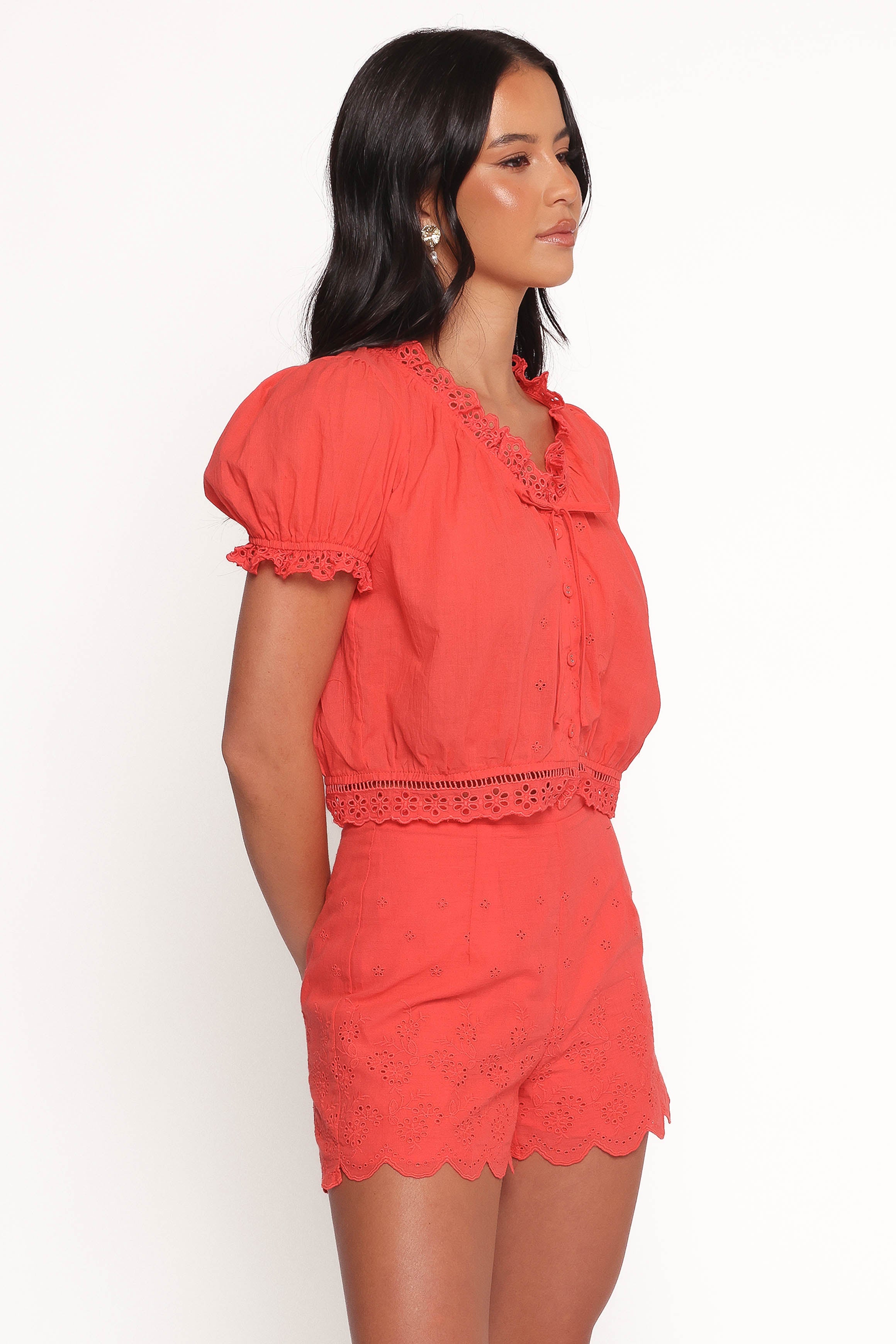 Isolde Lace Trim Top Women's Blouse - Coral Floral Embroidered Summer T-Shirt for Casual Wear, Date Night & Beach Outfits