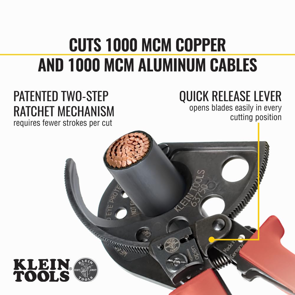Klein Tools 63750 Ratcheting Cable Cutter - Professional 1000 MCM Wire Cutting Tool for Electricians | Perfect for Cable Preparation & Electrical Installations