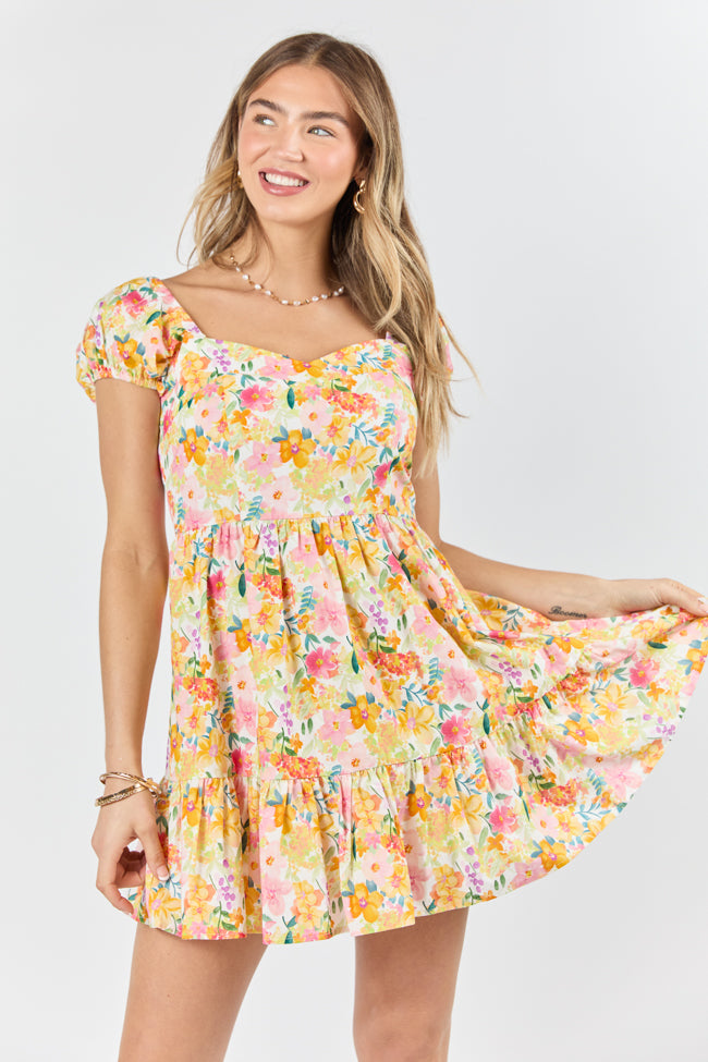 Dream Of Me Multi Floral Bubble Sleeve Mini Dress - Women's Floral Print Party Dress for Summer, Weddings & Date Nights
