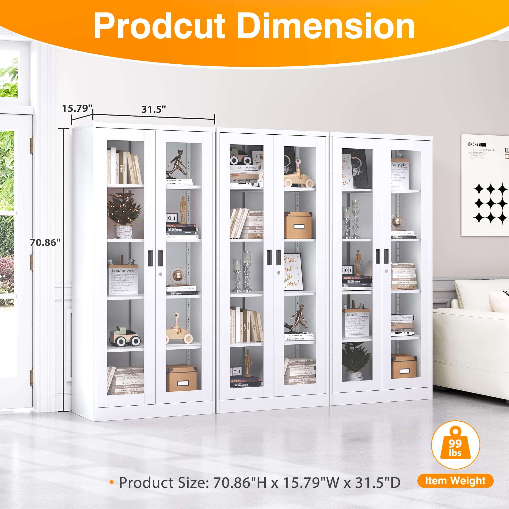 Tall Display Storage Cabinet with Tempered Glass Door - 4 Adjustable Metal Shelves for Home Office, Living Room & Study - White | Perfect for Organizing Books, Decor & Office Supplies