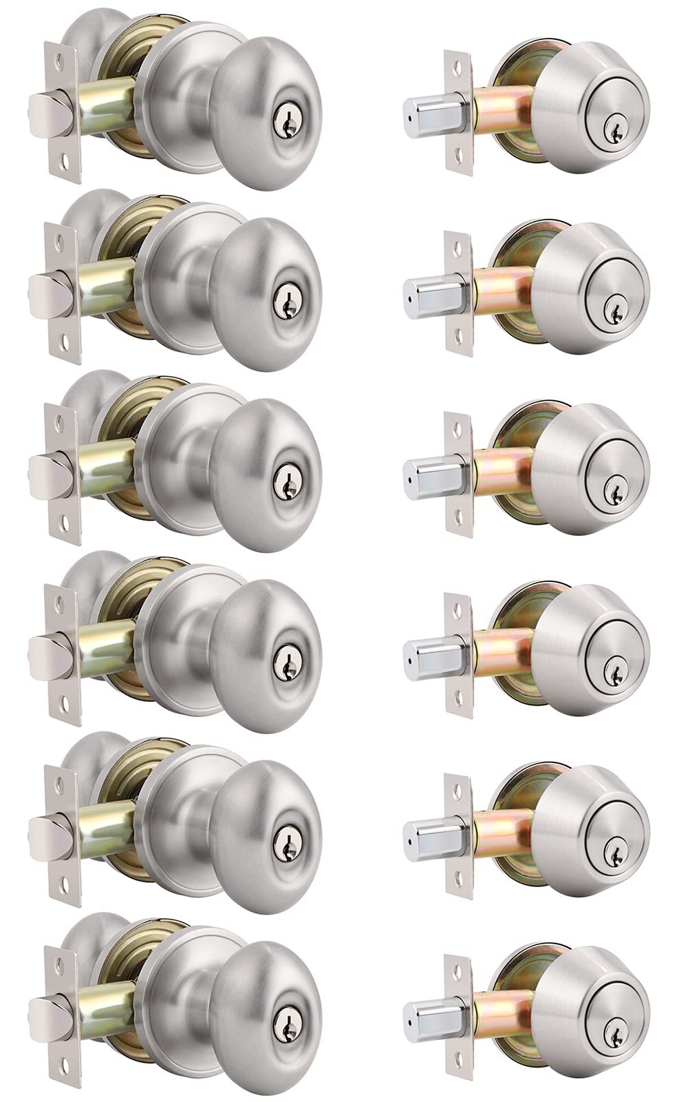 6 Pack Keyed Entry Door Knob & Deadbolt Set - Satin Nickel Finish, Exterior Locking Knob with Single Cylinder Deadbolt, Keyed Alike - Perfect for Home Security, Apartments & Office Doors