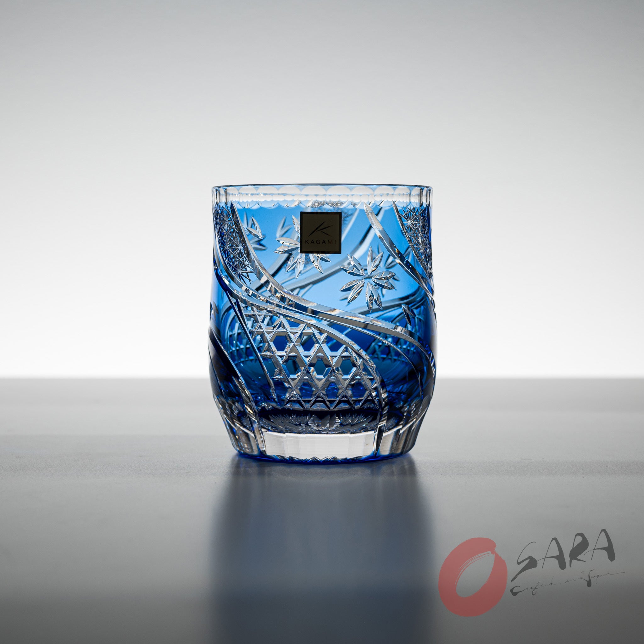 KAGAMI Crystal Edo Kiriko Rock Glass - Handcrafted Japanese Cut Glass Whiskey Tumbler with Floating Cherry Blossoms Design - Elegant Blue Drinking Glass for Cocktails, Whiskey & Home Bar Decor