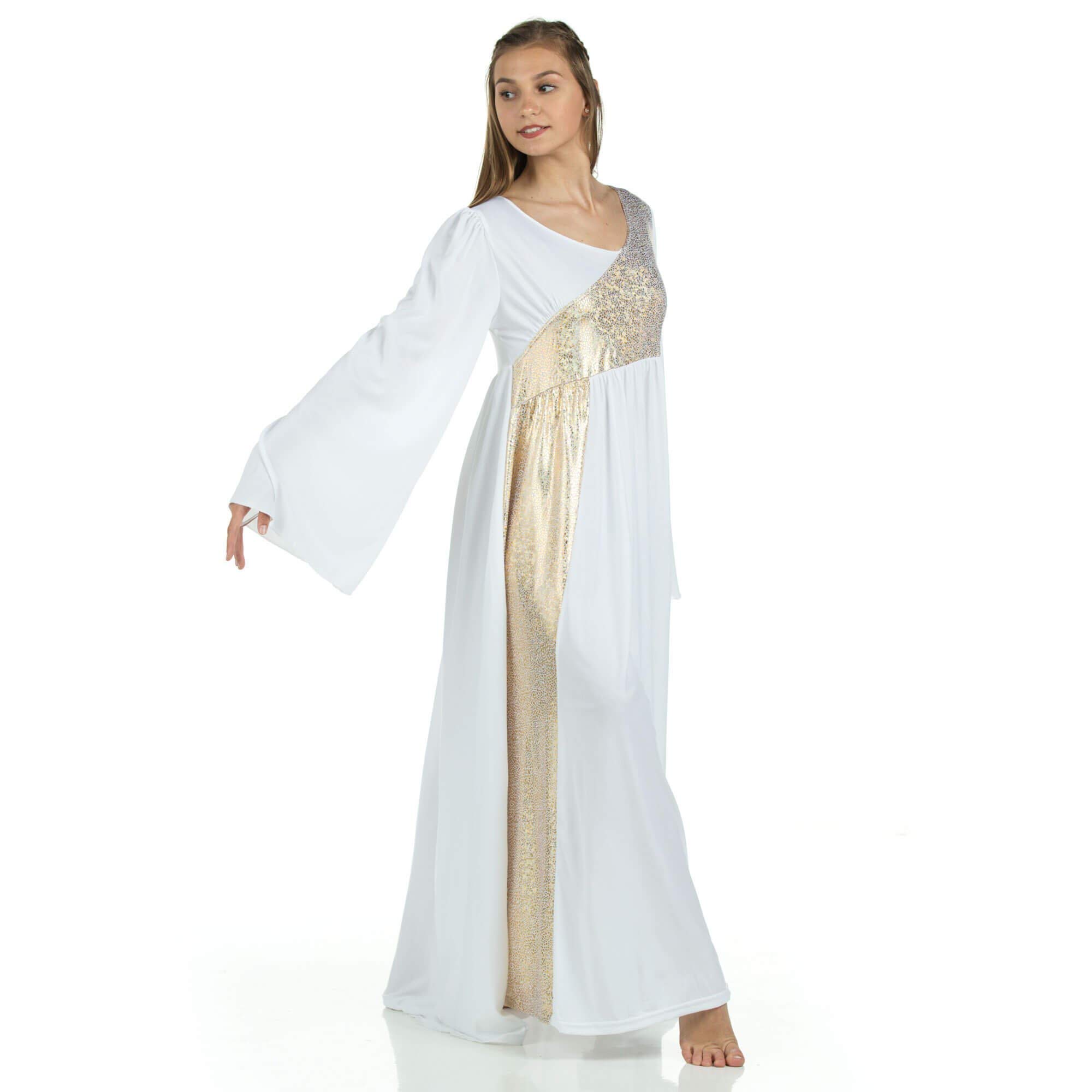 Danzcue Women's Shimmery Asymmetrical Bell Sleeve Dance Dress - Elegant Performance Costume for Latin, Ballroom & Stage Shows