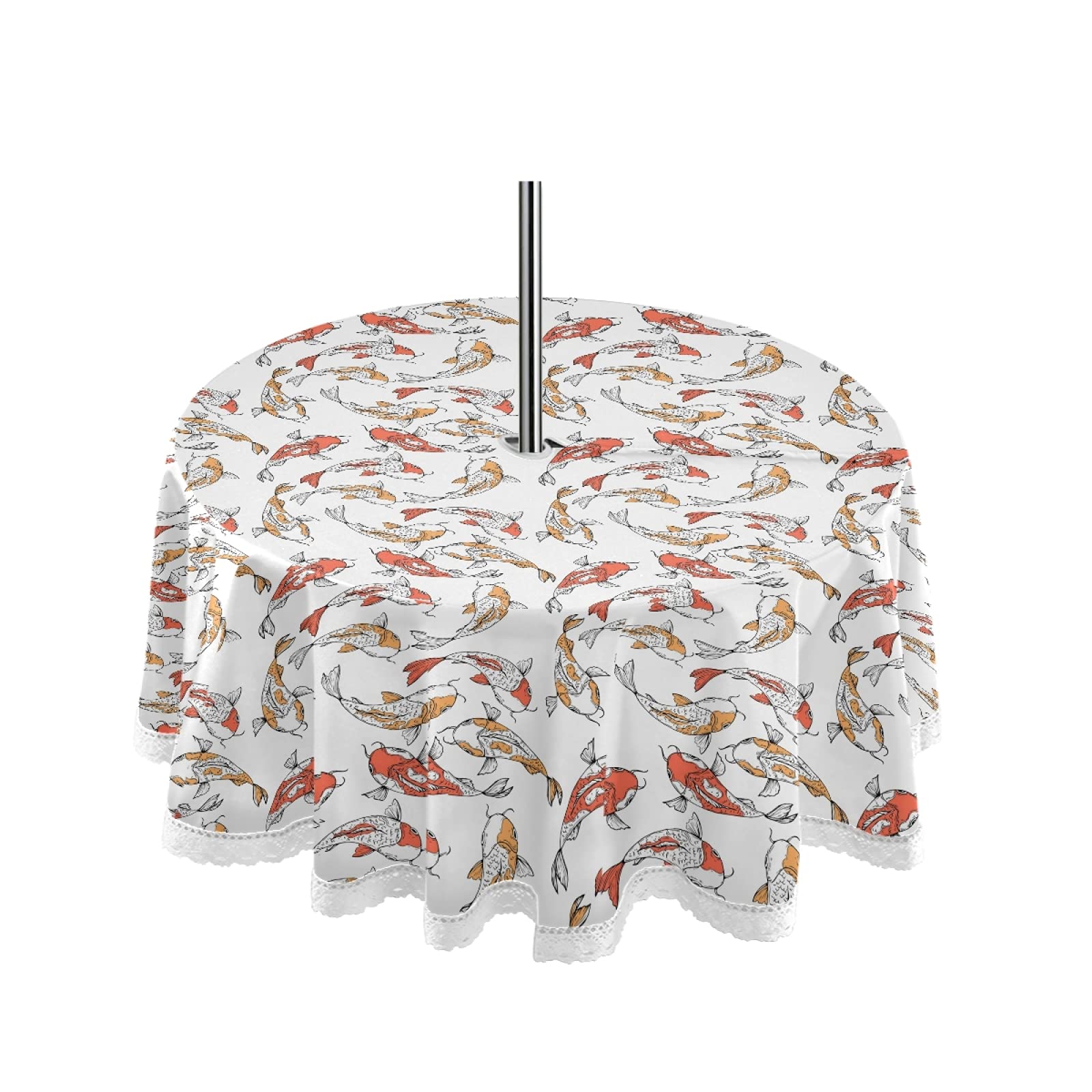 Japanese Carp Outdoor Tablecloth with Umbrella Hole & Zipper - Waterproof Picnic Table Cover for Patio, Garden, Party - Machine Washable Spring Summer Decor for Outdoor Dining & BBQs