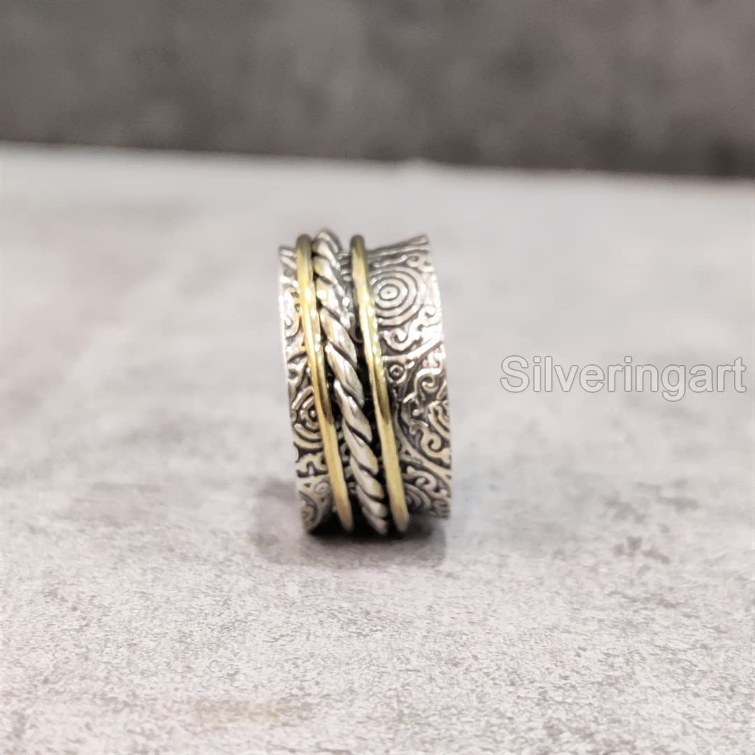 925 Sterling Silver Filigree Spinner Ring - Handmade Meditation & Fidget Ring for Anxiety Relief, Two-Tone Thumb Ring for Men & Women - Perfect Christmas Gift for Stress Relief, Focus & Relaxation (Oxidized Finish)