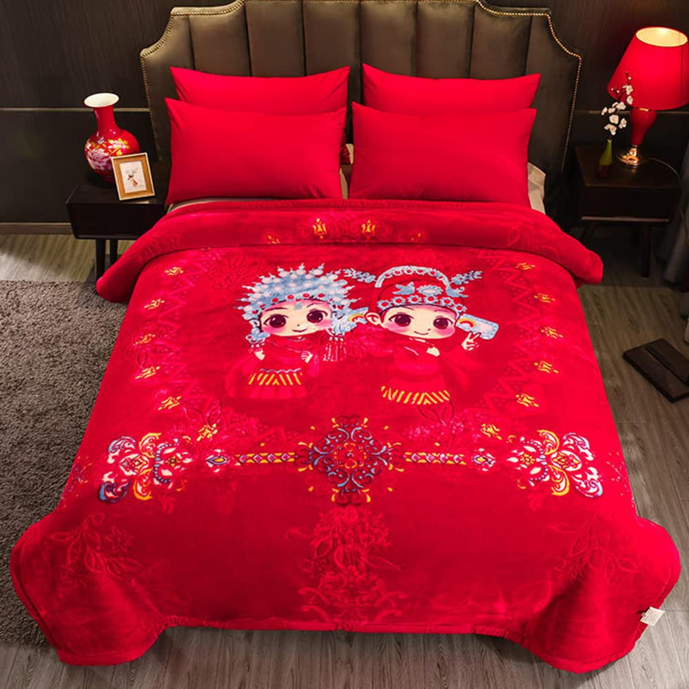 Premium NIANXINN Heavy Plush Soft Winter Blanket - Korean Style Mink Velvet Fleece Throw (200×230cm/79x91 inch) 2-Ply Printed Raschel Blanket for Bed, Couch & Gift - Red Bridal Wedding Present | Cozy Home Decor, Perfect for Cold Nights & Romantic Occasions