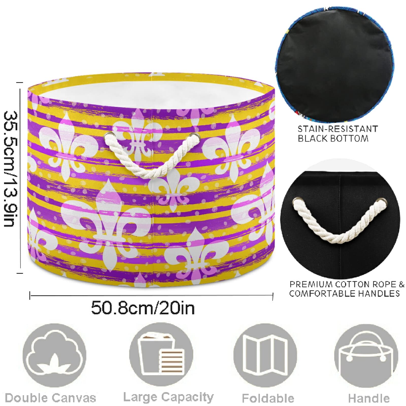 Visesunny Collapsible Fabric Storage Bin - Mardi Gras Carnival Masquerade Design with Fleur De Lis Pattern, Laundry Basket for Clothes, Toys & Home Organization - Perfect for Bathroom, Bedroom, Nursery & Closet Storage Solutions