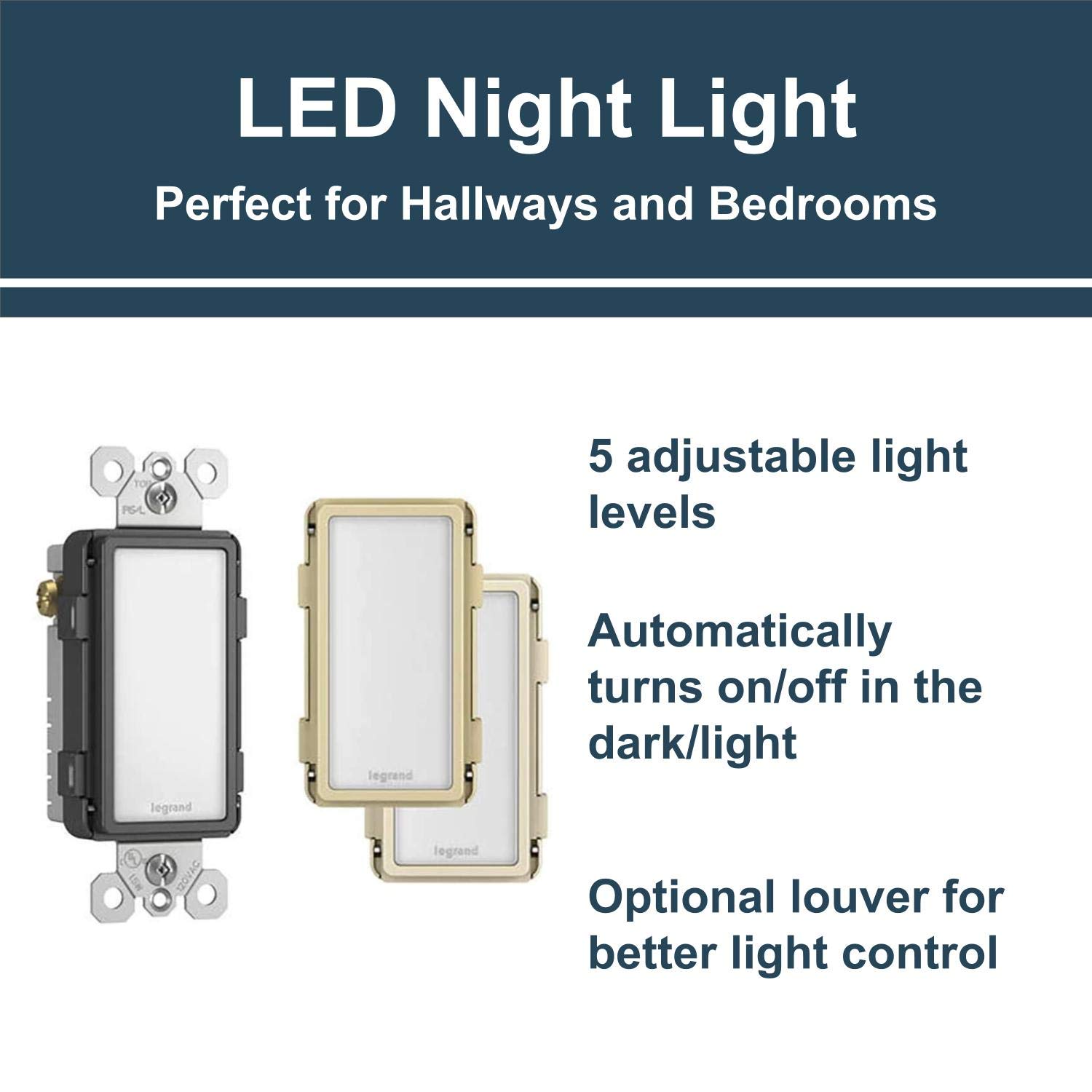 Legrand Adjustable LED Night Light Outlet - Full Dimmable Plug-in Wall Light for Hallways, Stairs & Bedrooms - Black/Light Almond/Ivory (1 Pack) - Perfect for Safe Nighttime Navigation & Ambient Lighting