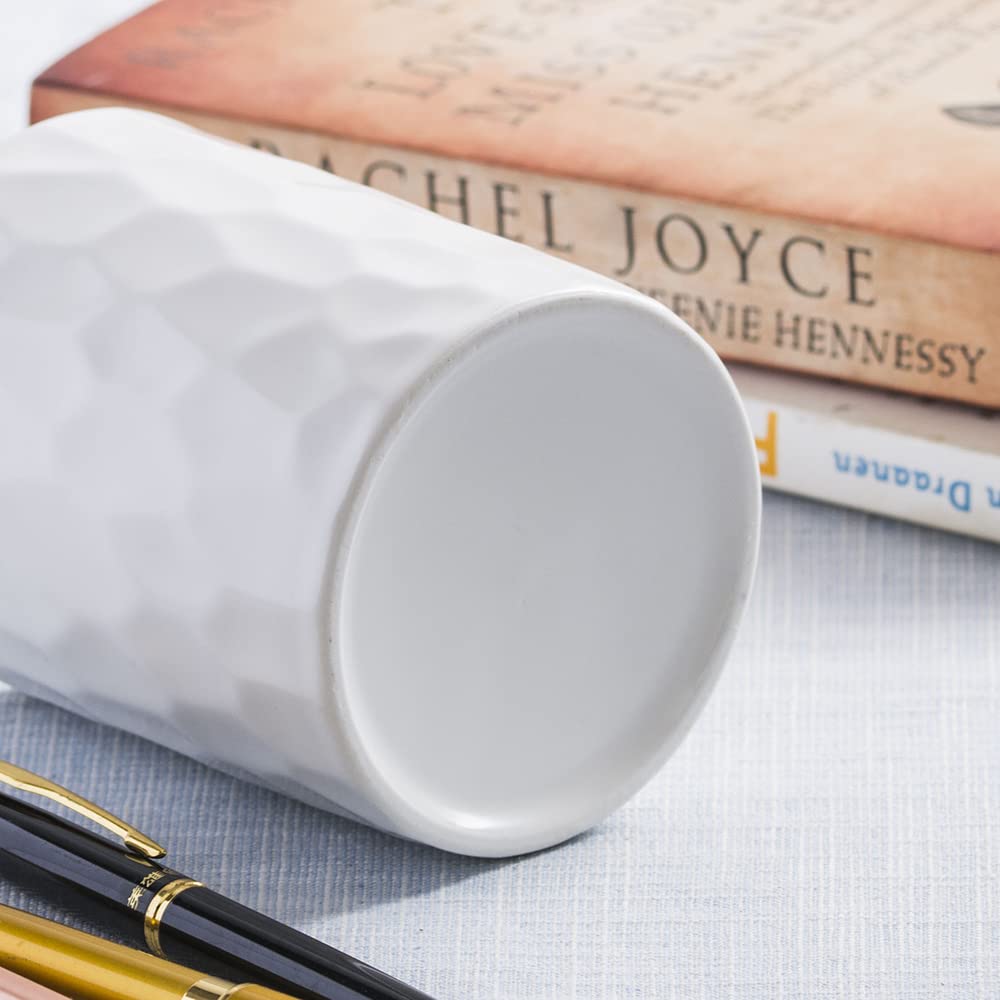 Ceramic Round Irregularly Shaped Pen Holder - Cute White Pencil Cup for Desk Organizer, Makeup Brush Holder - Perfect for Office, Home & School Use (White)