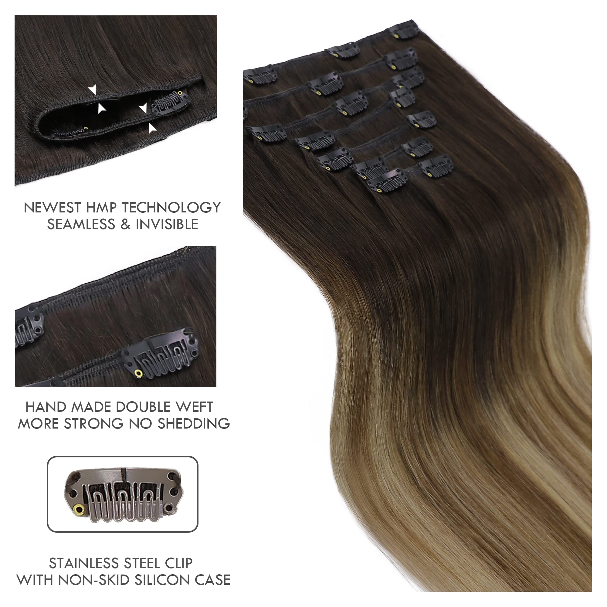 22 Inch Clip In Hair Extensions - Real Human Hair Balayage (Black to Chestnut Brown to Strawberry Blonde) - 7 Piece Set for Volume & Length - Perfect for Parties, Weddings & Daily Styling