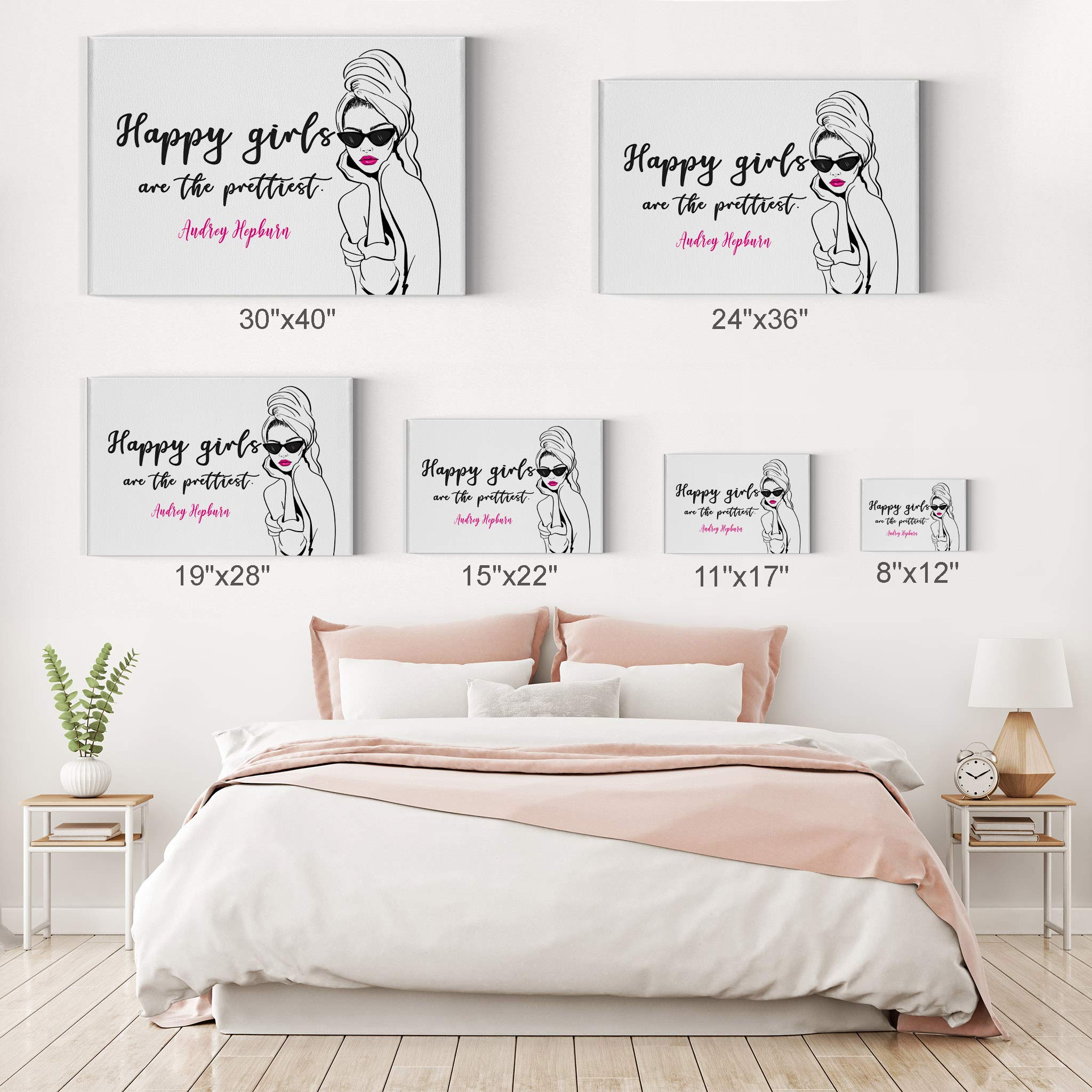 Happy Girls Are the Prettiest Audrey Hepburn Quote Canvas Wall Art - 24x36 Glam Fashion Print for Office, Bathroom, Teen Girl Room, Women's Dorm & Living Room Decor - Ready to Hang Inspirational Home Decor