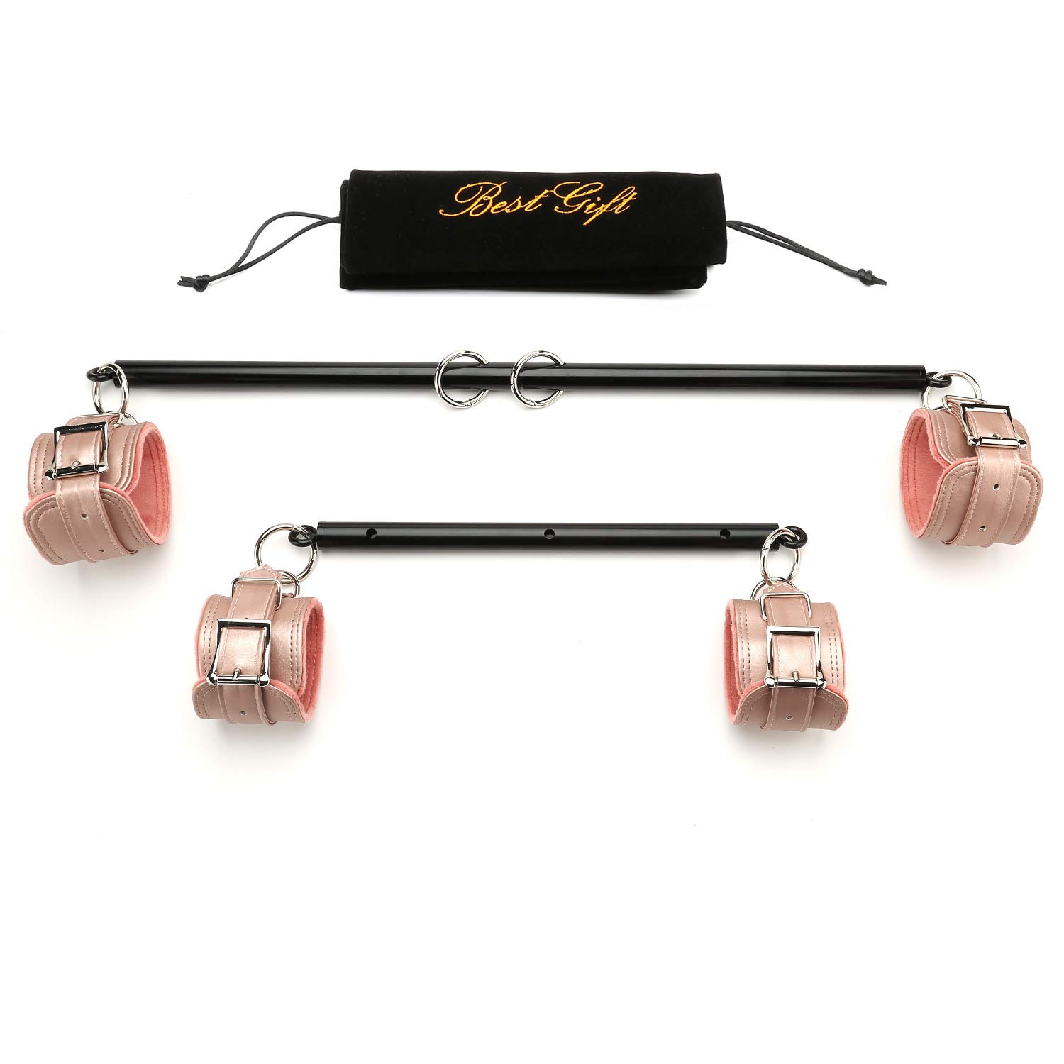 **Expandable Spreader Bar with 4 Adjustable Fur Straps – Home Gym Equipment for Strength Training & Indoor Fitness – Includes Flocked Storage Bag (Black & Pink Kit) – Perfect for CrossFit, Yoga & Resistance Workouts**
