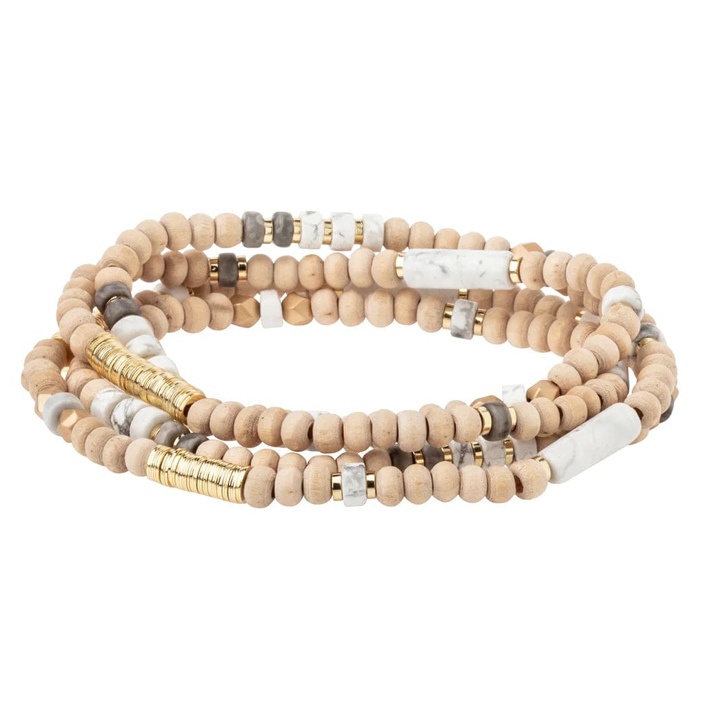 Howlite & Gold Wood Wrap Bracelet - Natural Stone Beaded Handmade Jewelry for Women, Boho Chic Style - Perfect for Yoga, Meditation, and Everyday Wear