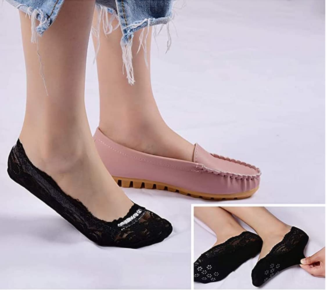 Cafurty 2 Pairs Women's No Show Liner Socks - Low Cut Invisible Lace Socks with Non-Slip Grip for Casual Wear (Black, US Shoe Size 5-7.5) | Perfect for Sneakers, Loafers & Flats