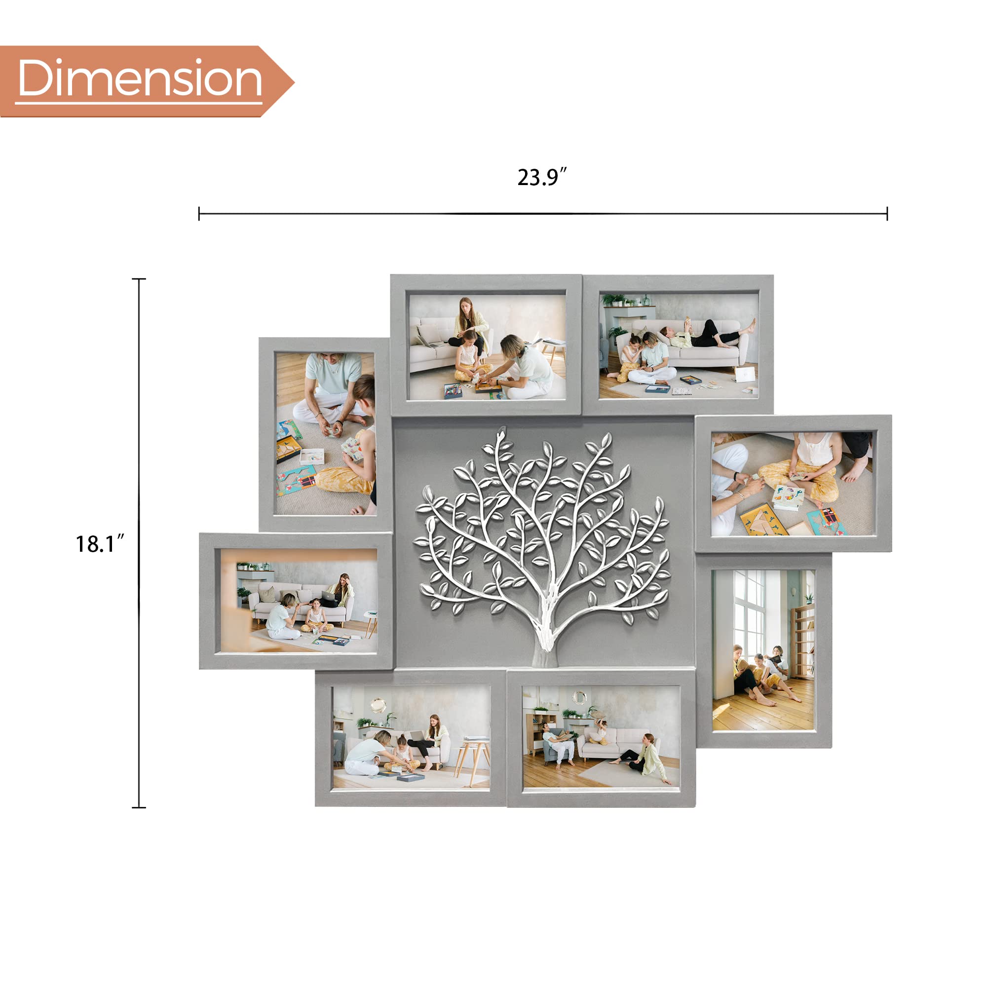 HELLO LAURA - Elegant Tree Collage Picture Frame Wall Decor | Large 4x6 Inch Photo Display for Family & Friends | Perfect for Living Room, Bedroom, or Office Gallery Wall (Grey)