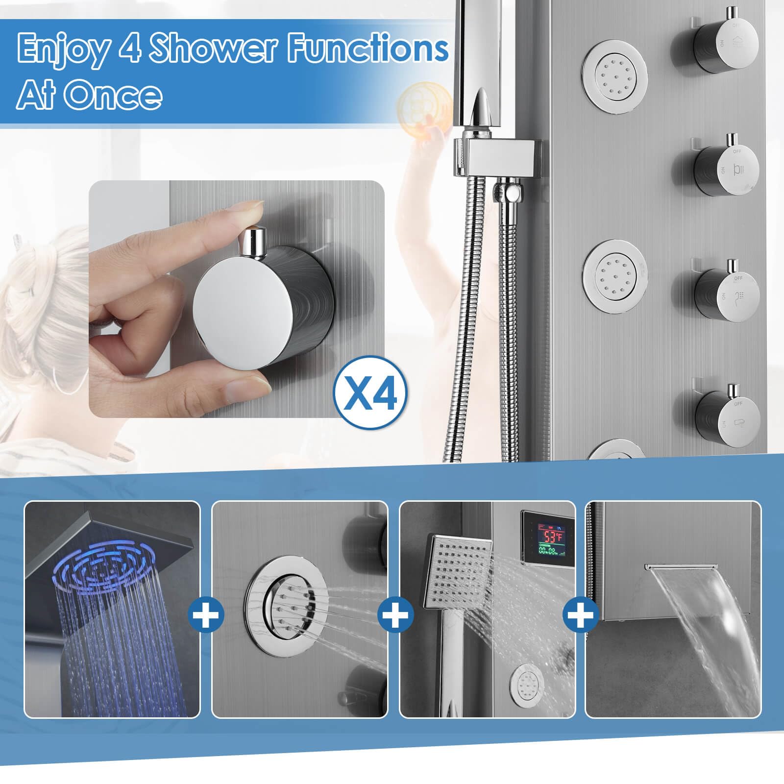 ROVOGO Stainless Steel Shower Panel Tower with Rainfall Showerhead, 6 Body Jets, Handheld Spray & Tub Spout - LED Temperature Display, No Battery Needed - 304 Brushed Stainless Steel Unibody Design for Luxurious Spa Experience at Home