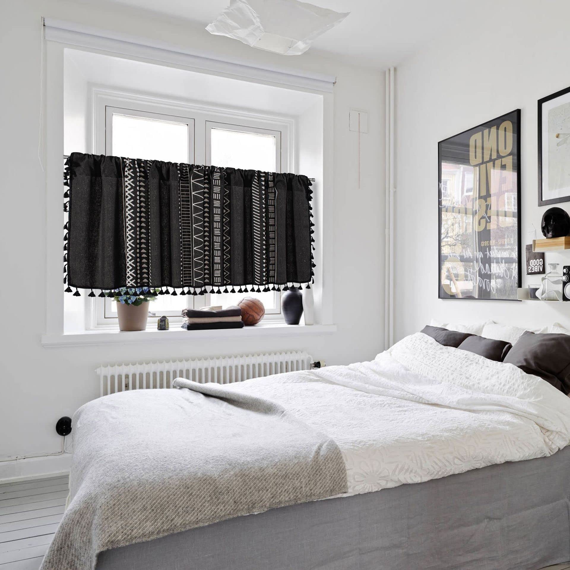 ABREEZE Boho Tassel Kitchen Valance - Black Geometric Cotton Linen Farmhouse Window Curtain Panel (59