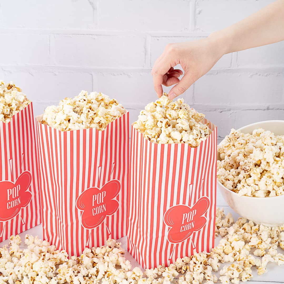 100 Disposable 2oz Red Striped Popcorn Bags - Greaseproof Paper Concession Supplies for Movie Theaters, Carnivals & Home Movie Nights | Bulk Restaurantware Popcorn Containers
