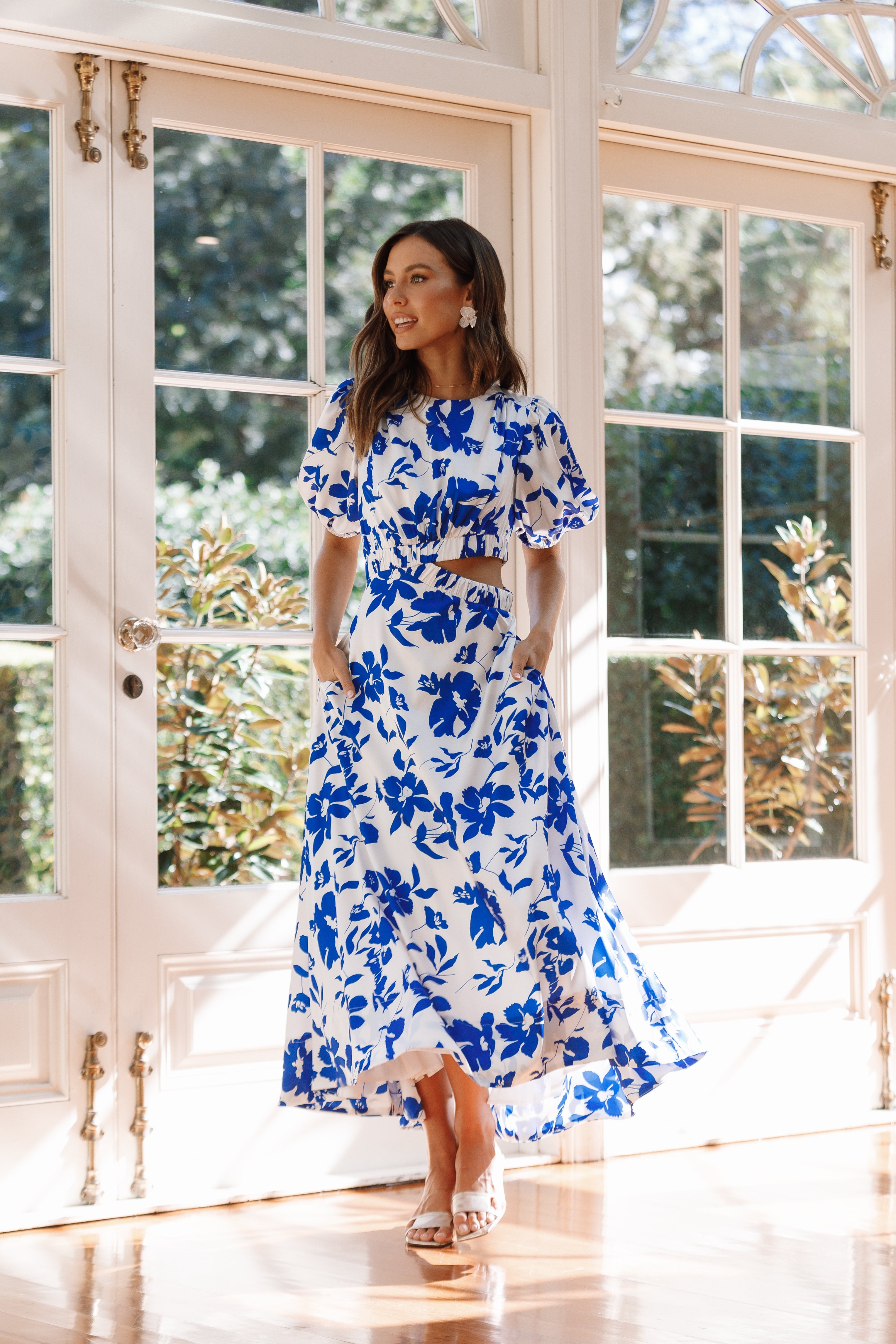 Aminah Women's Puff Sleeve Floral Dress - Blue Floral Print Summer Dress for Casual Wear, Parties & Special Occasions