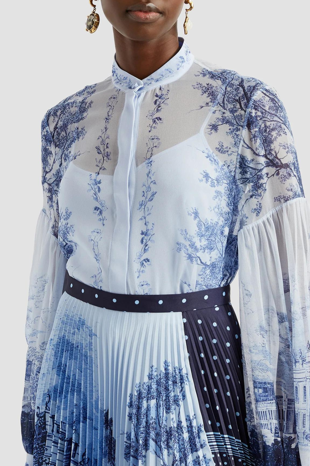 Sky Blue Blouson Sleeve Button Down Shirt for Women - Casual Office Wear & Spring Outfits