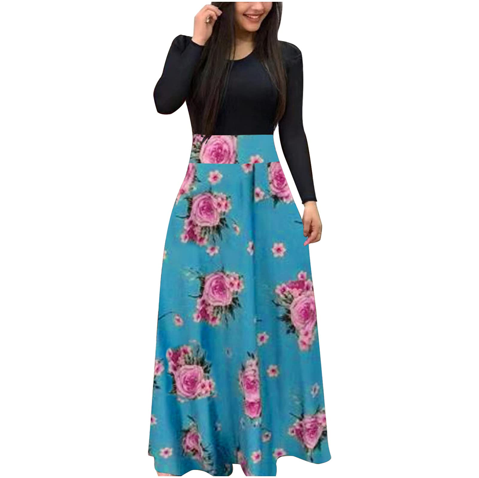 Plus Size Maxi Dress for Women - Long Sleeve Floral Boho Sundress with Crewneck | Casual Beach Dress, Summer Vacation, Date Night, Party Wear