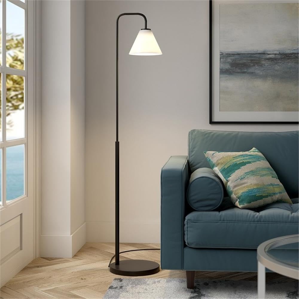Henderson Arc Floor Lamp with Glass Shade - Blackened Bronze & White Milk Finish - Modern Living Room Lighting for Bedroom, Office & Reading Nook