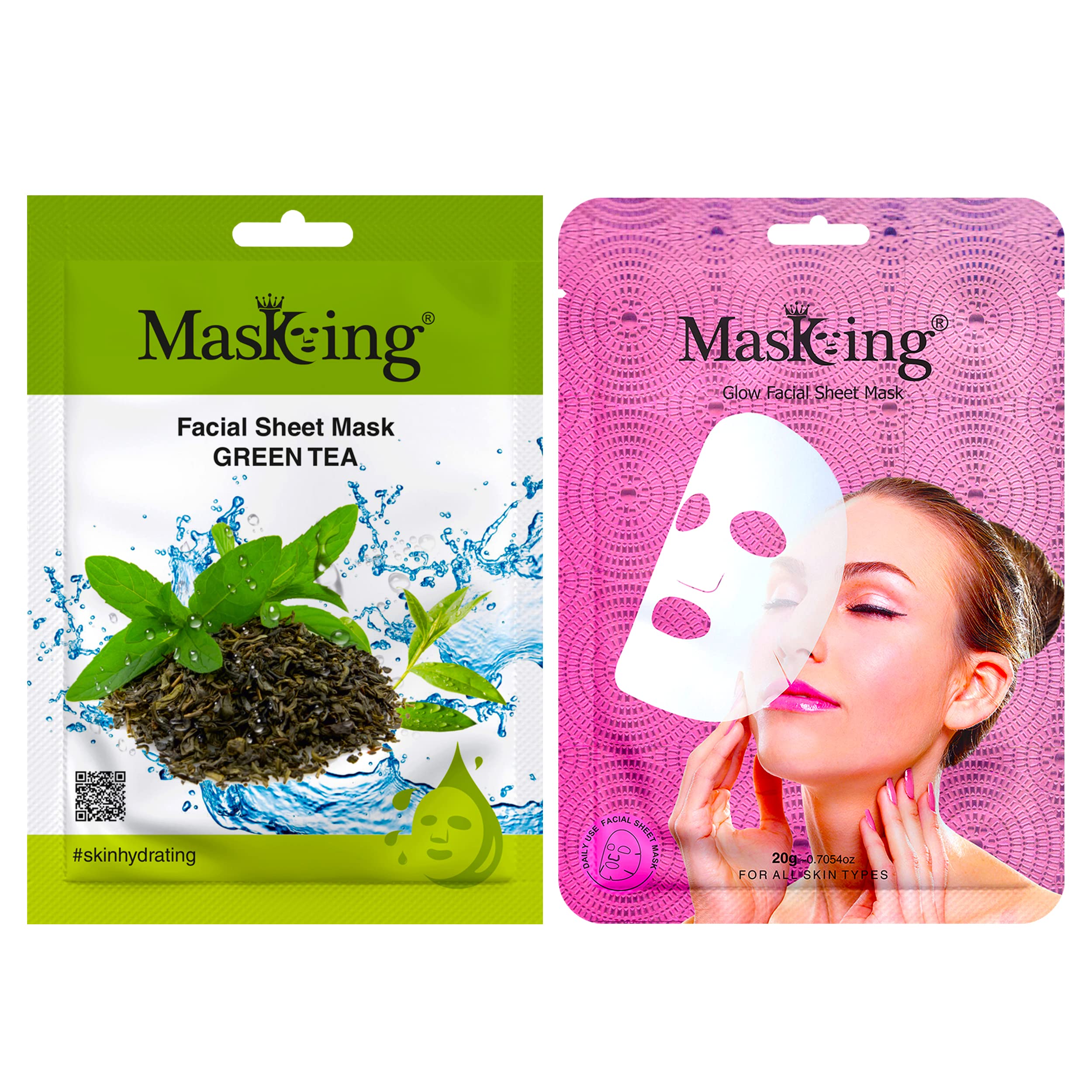 Green Tea Glow Facial Sheet Mask - Hydrating & Brightening for Radiant Skin - Pack of 2 - Perfect for Daily Skincare Routine & Spa Night