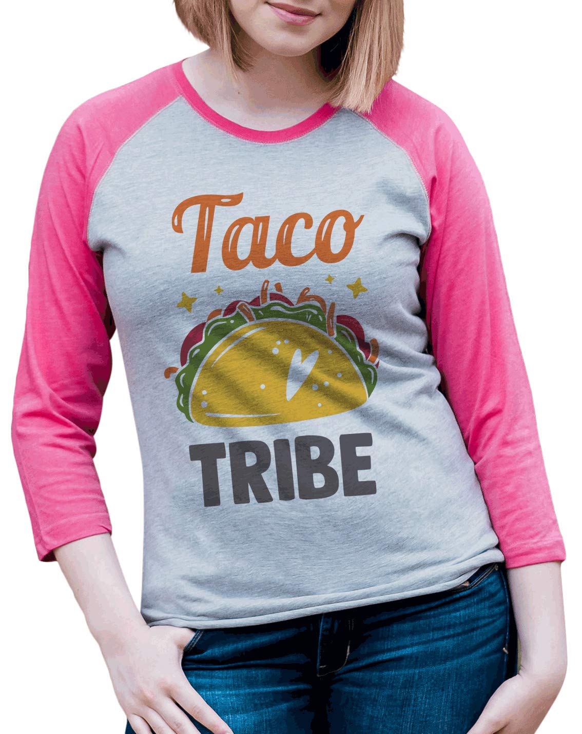7 ate 9 Apparel Women's Taco Tribe Raglan Pink Tee - Soft Cotton Blend Baseball Shirt for Casual Wear & Fun Outings
