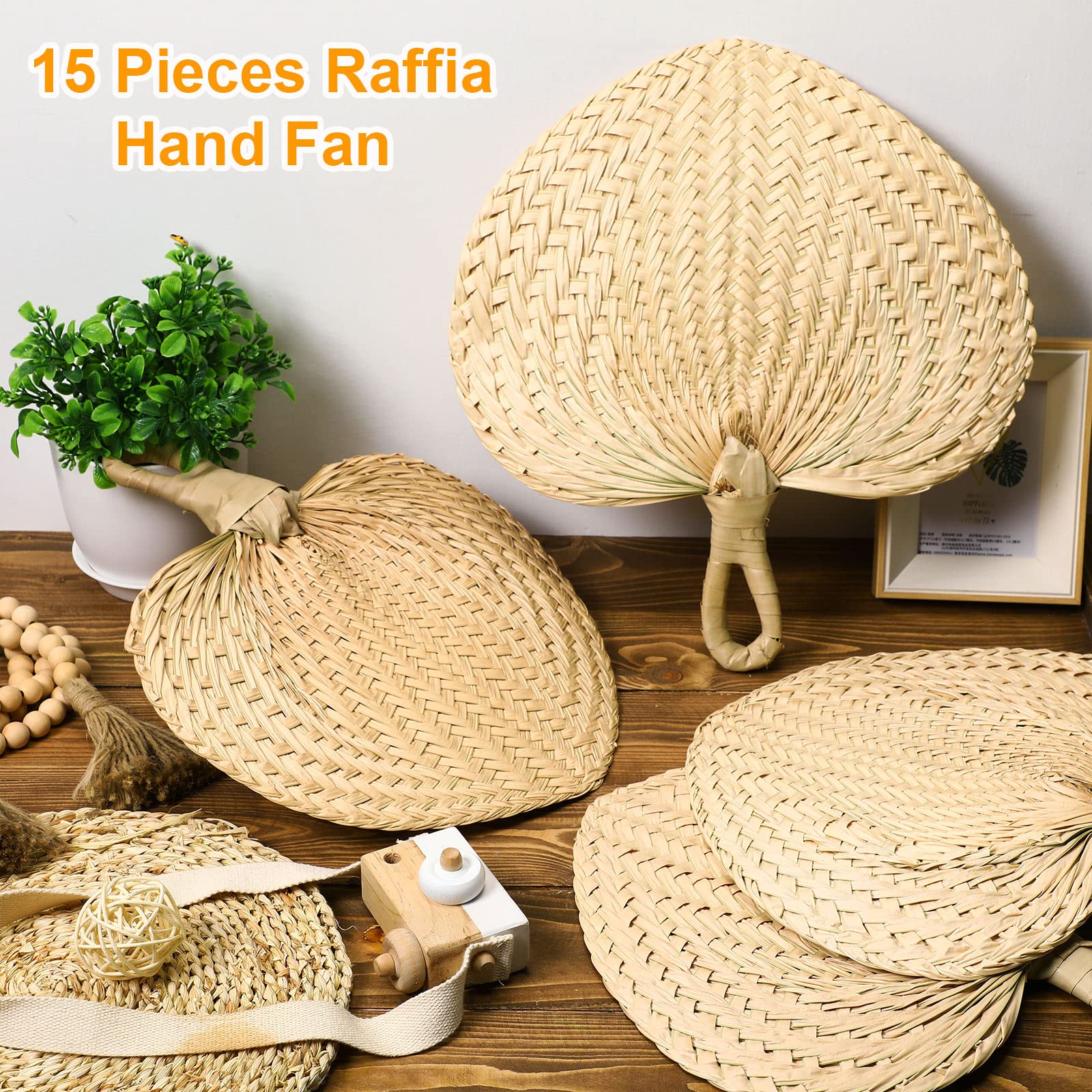 Chunful 15-Piece Natural Raffia Hand Fans - Palm Leaf Wedding Fans for Summer Cooling, Bulk Party Favors, Farmhouse Wall Decor | Perfect for Weddings, Beach Parties & Outdoor Events