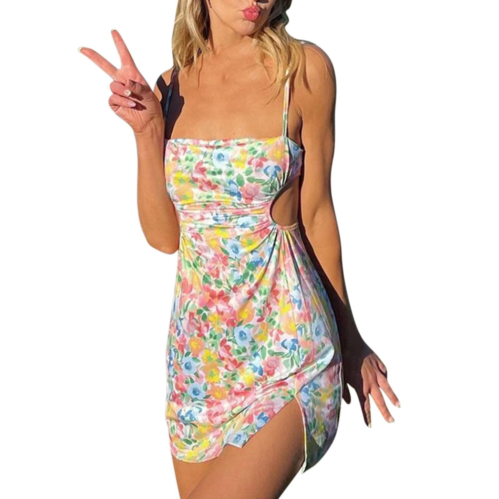 Sexy Floral Print Hollow Out Bodycon Dress for Women - Open Waist Slip Dress, Casual Party Clubwear, Perfect for Date Night and Summer Outfits