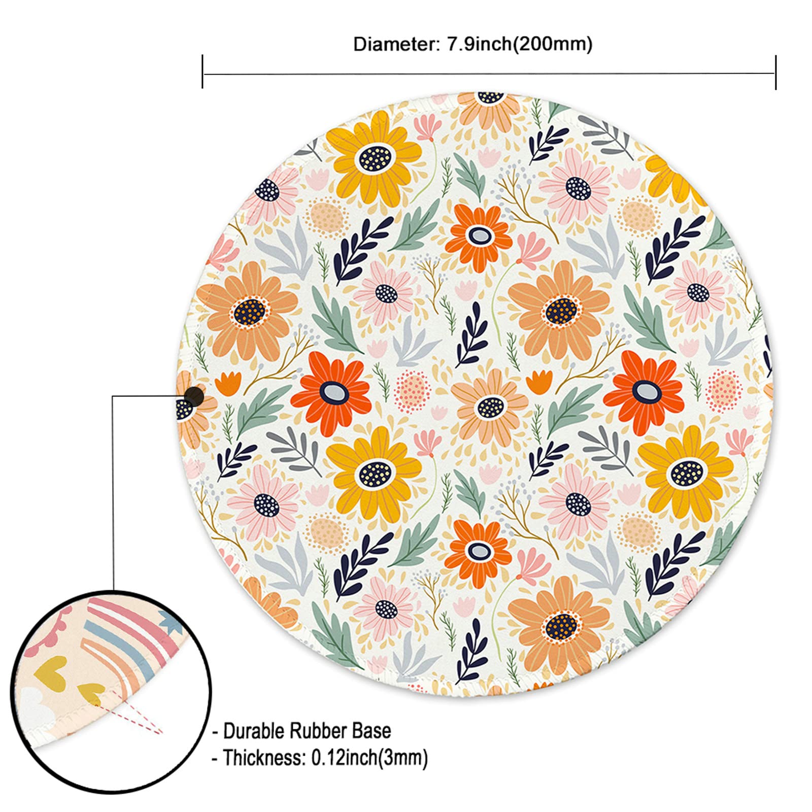 Premium Round Gaming Mouse Pad - Non-Slip Rubber Base with Stitched Edge (7.9x7.9 Inch) for PC, Laptop & Office - Cute Floral Design for Gamers & Professionals