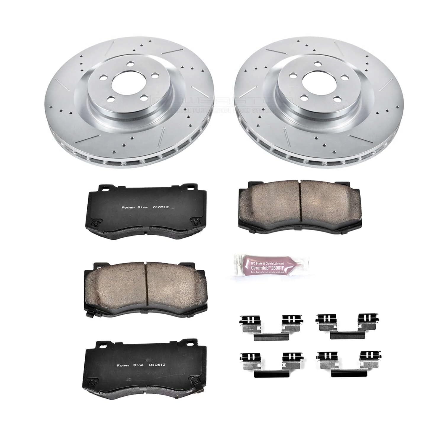 Power Stop K4695 Z23 Carbon Fiber Brake Pads & Drilled Slotted Rotors Kit - Compatible with Chrysler 300, Dodge Challenger, Charger, Magnum | High-Performance Braking for Street & Track Use