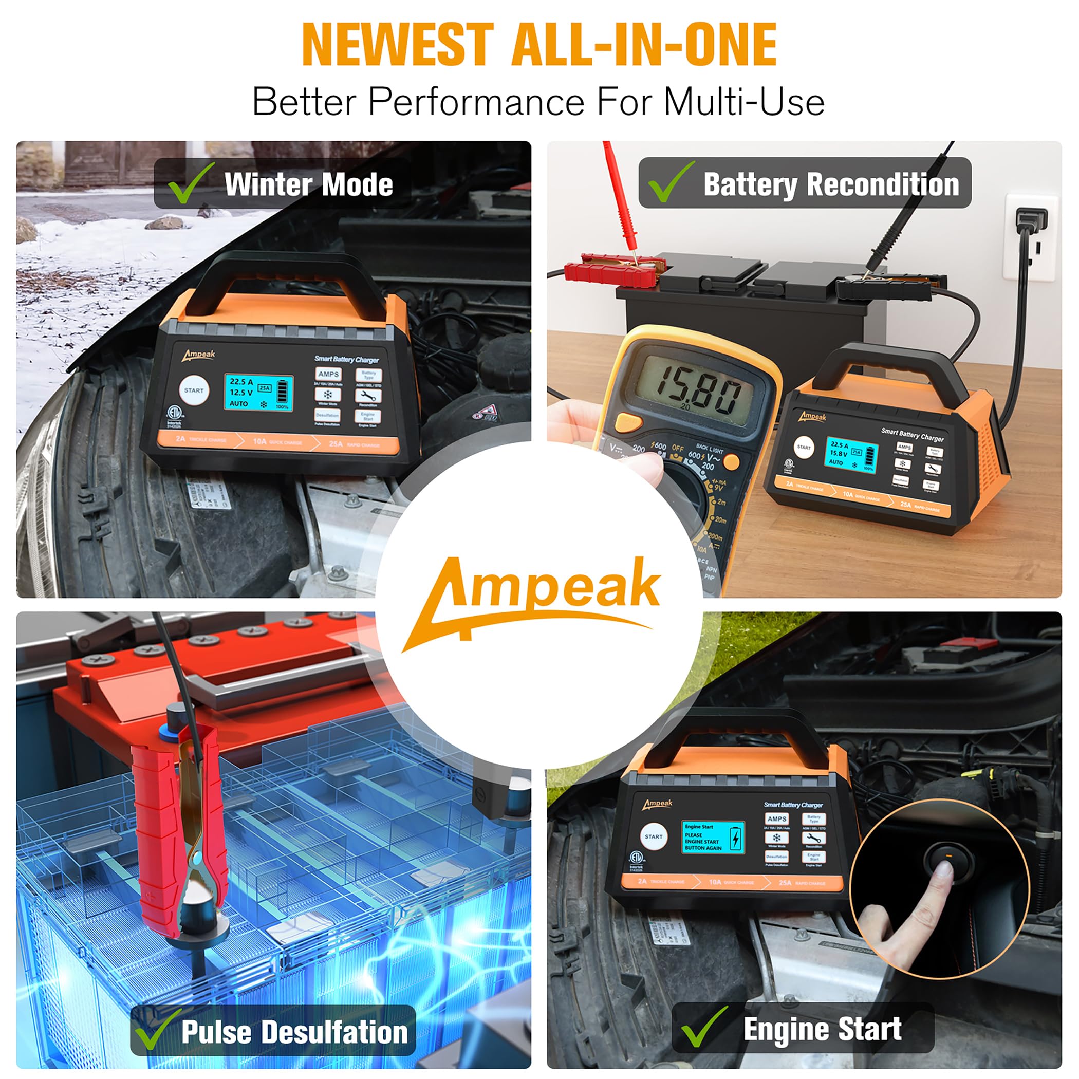 Ampeak 12V 25A Fully Automatic Car Battery Charger with Winter Mode & Auto Desulfator - Smart Charger for All Lead-Acid Batteries (Cars, Trucks, SUVs, Motorcycles, Boats) - Ideal for Cold Weather & Battery Maintenance