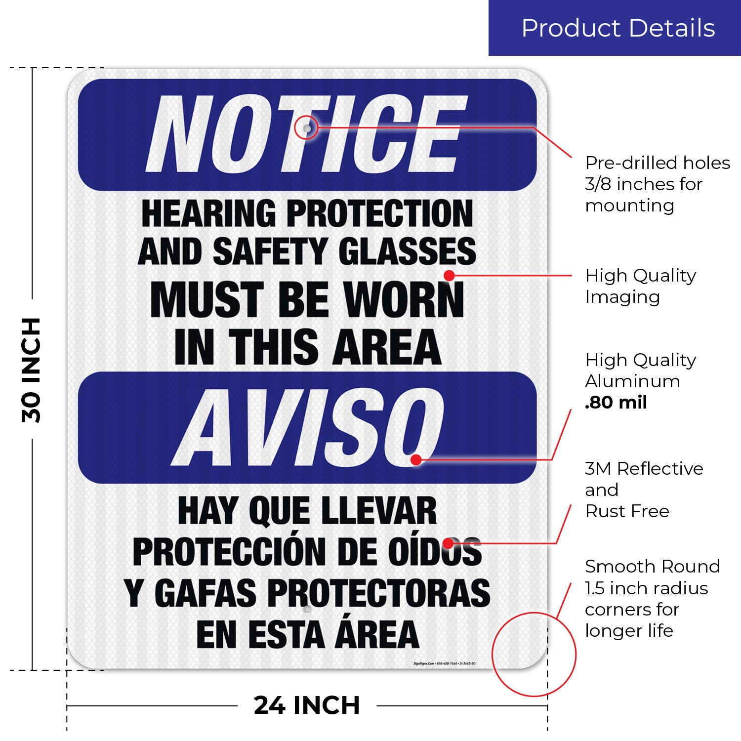OSHA Compliant Bilingual Safety Sign - Hearing Protection & Safety Glasses Required in This Area | 24x30 Inch 3M EGP Reflective Aluminum Sign | Fade-Resistant for Indoor/Outdoor Use | Made in USA | Perfect for Construction Sites & Industrial Workplaces