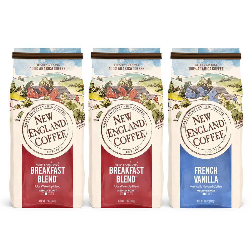 New England Coffee Variety Pack - Breakfast Blend & French Vanilla, 11 Ounce (Pack of 3) | Premium Ground Coffee for Home, Office & Gifts | Rich Aroma & Smooth Taste
