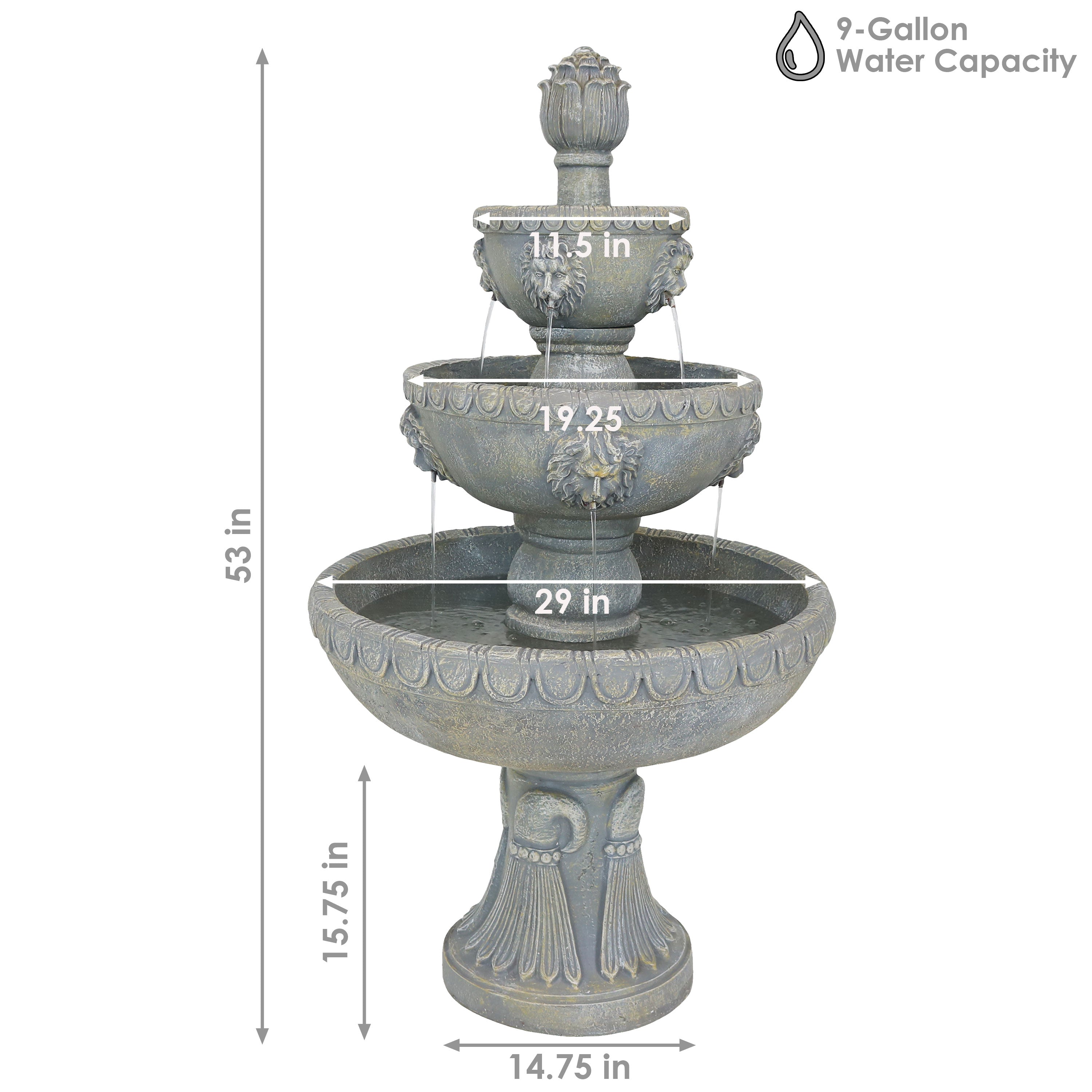 Sunnydaze 3-Tier Lion Head Outdoor Water Fountain with Electric Pump - Perfect for Garden, Patio, and Backyard Decor