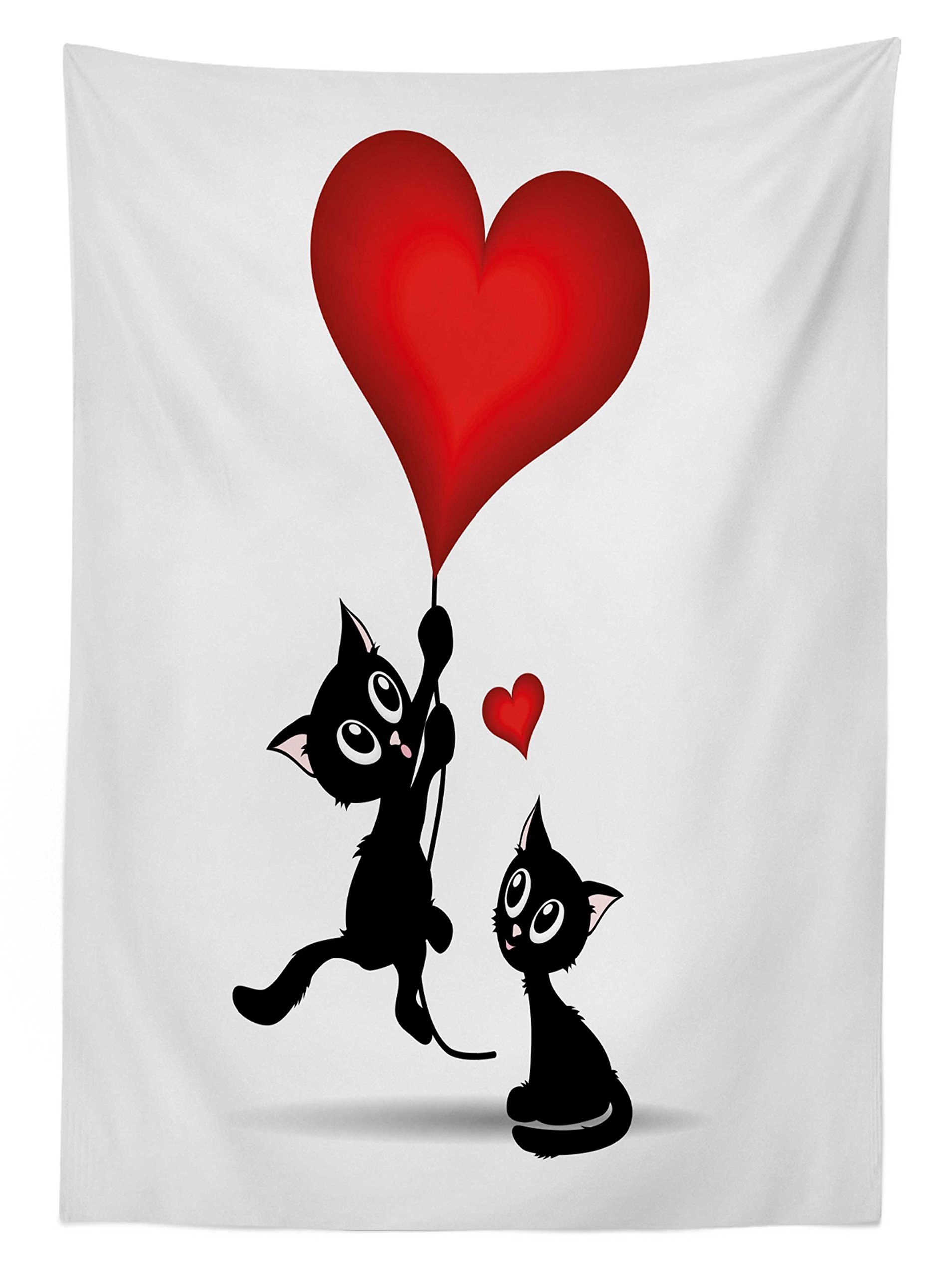Ambesonne Valentine's Day Tablecloth - Romantic Cat with Heart Balloons Print, Washable Picnic Table Cover 58x120 Inches, Vermilion & Black - Perfect for Outdoor Dining, Anniversary Celebrations & Couples' Date Nights