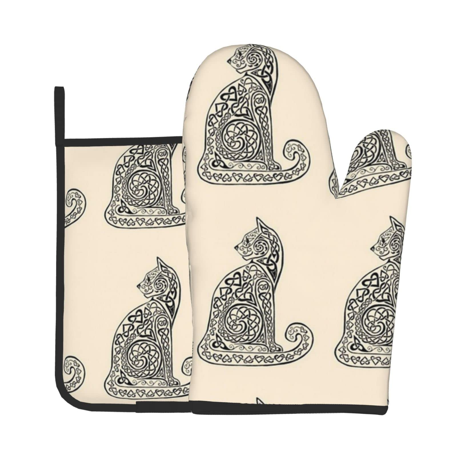 Heat Resistant Oven Mitt and Pot Holder Set - 100% Quilted Cotton, Black Ivory Cat Design - Perfect for Cooking, Baking, BBQ & Microwave Use - Kitchen Safety Essentials for Baking, Grilling and Food Handling