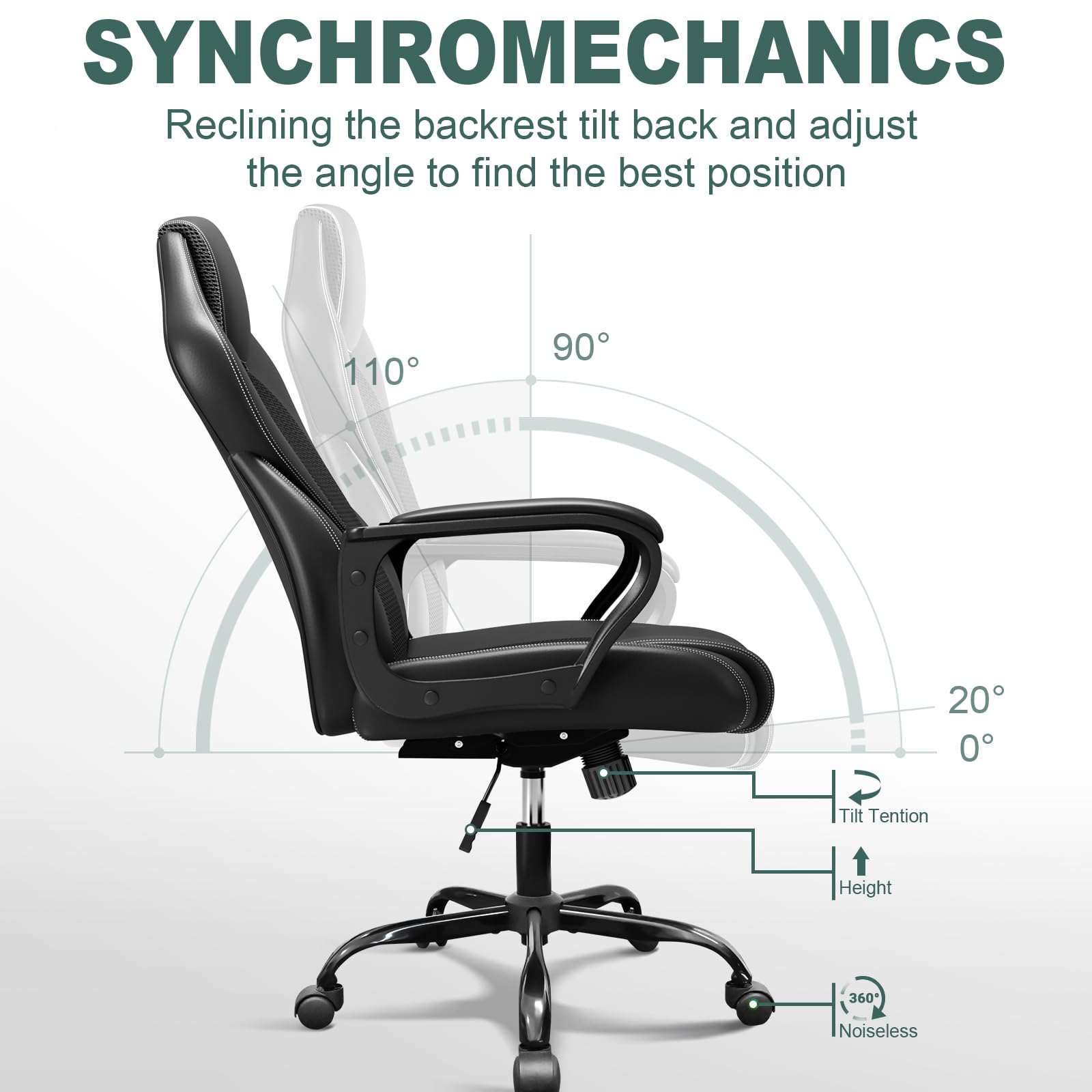 Ergonomic Office Chair - Adjustable Height Computer Desk Chair for Home, Gaming & Business, Durable Executive Chair with 150kg Weight Capacity (Black) - Perfect for Long Work Hours, Gaming Sessions & Home Office Use