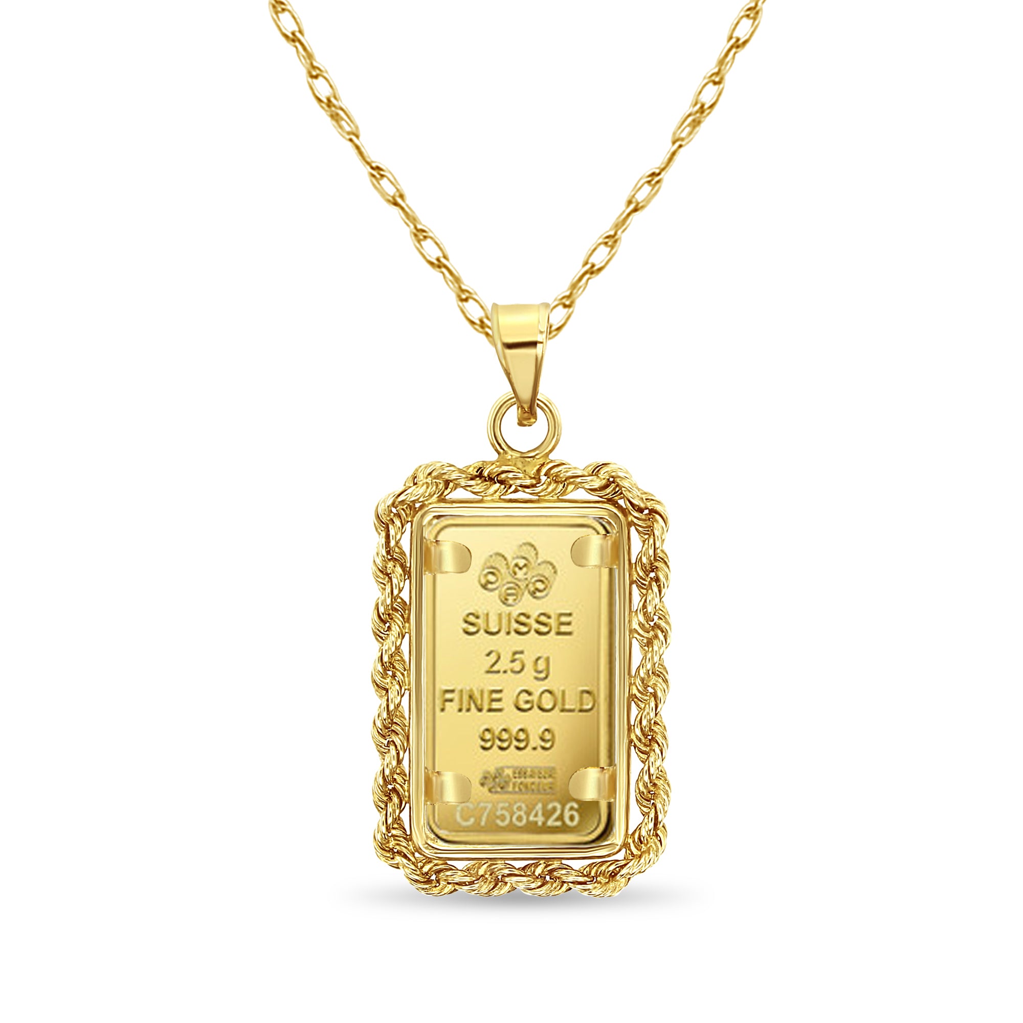 2.5 Gram Pamp Suisse Gold Bar Rope Necklace - 24K Pure Gold Pendant for Women & Men - Elegant Jewelry Gift for Birthday, Anniversary & Special Occasions