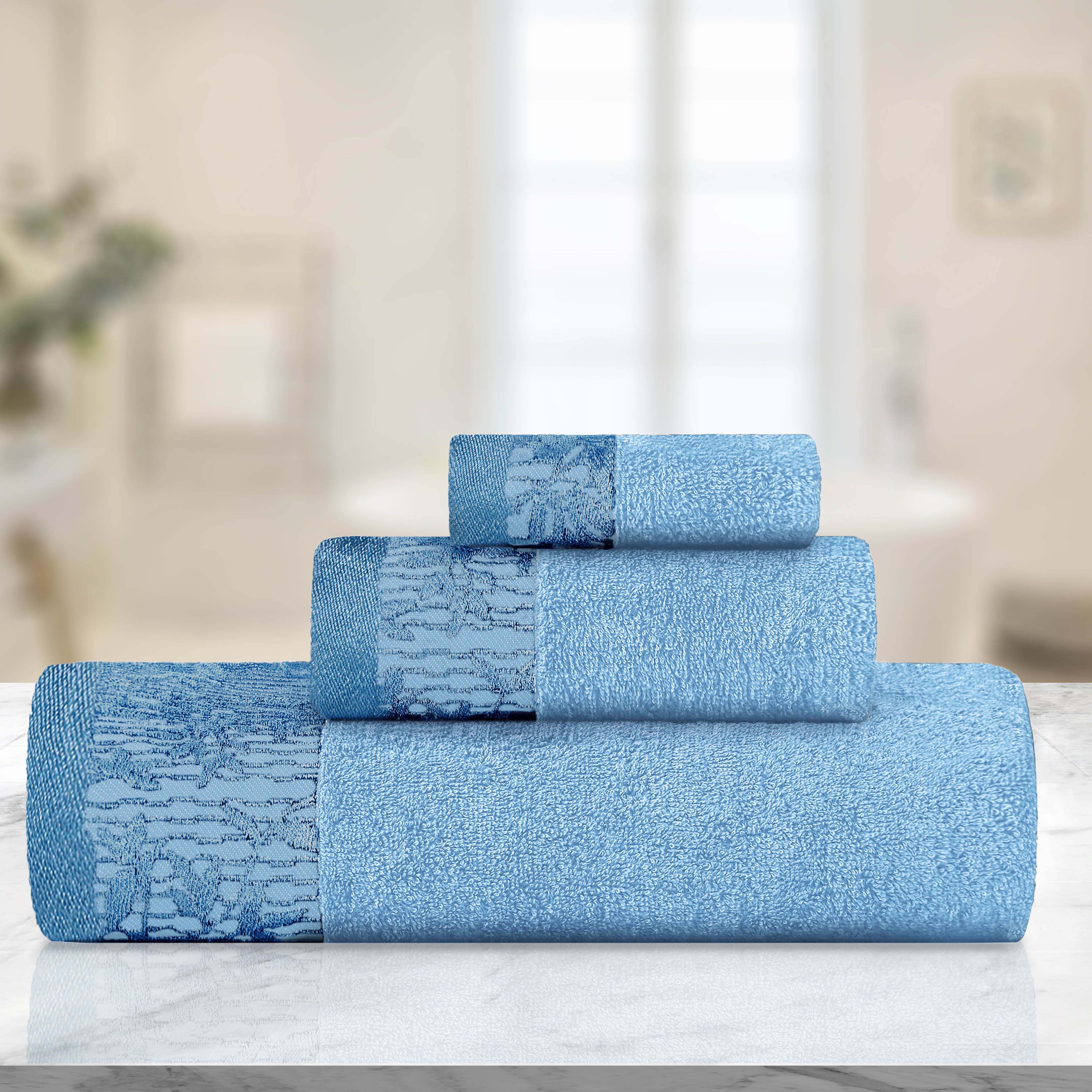 Wisteria Cotton Floral Embroidered Jacquard Border 3-Piece Bath Towel Set - Soft & Absorbent for Spa, Bathroom & Guest Room Decor
